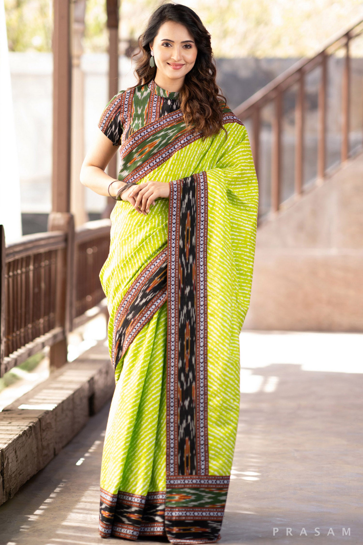 Indy Bliss Green leheriya Mul Saree with Ikat Border
