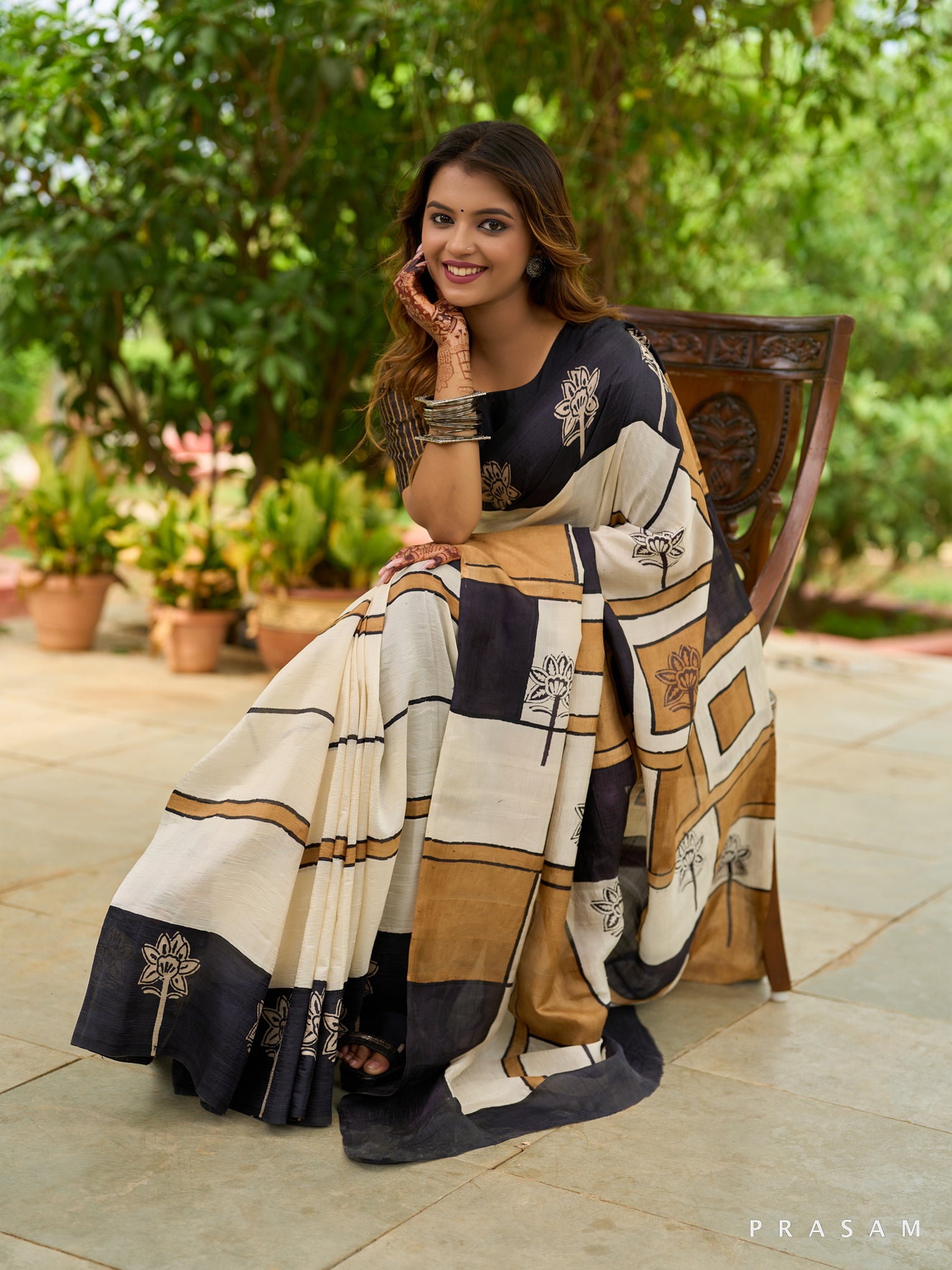 Graphite Garden Abstract Blooms Pure Silk Saree