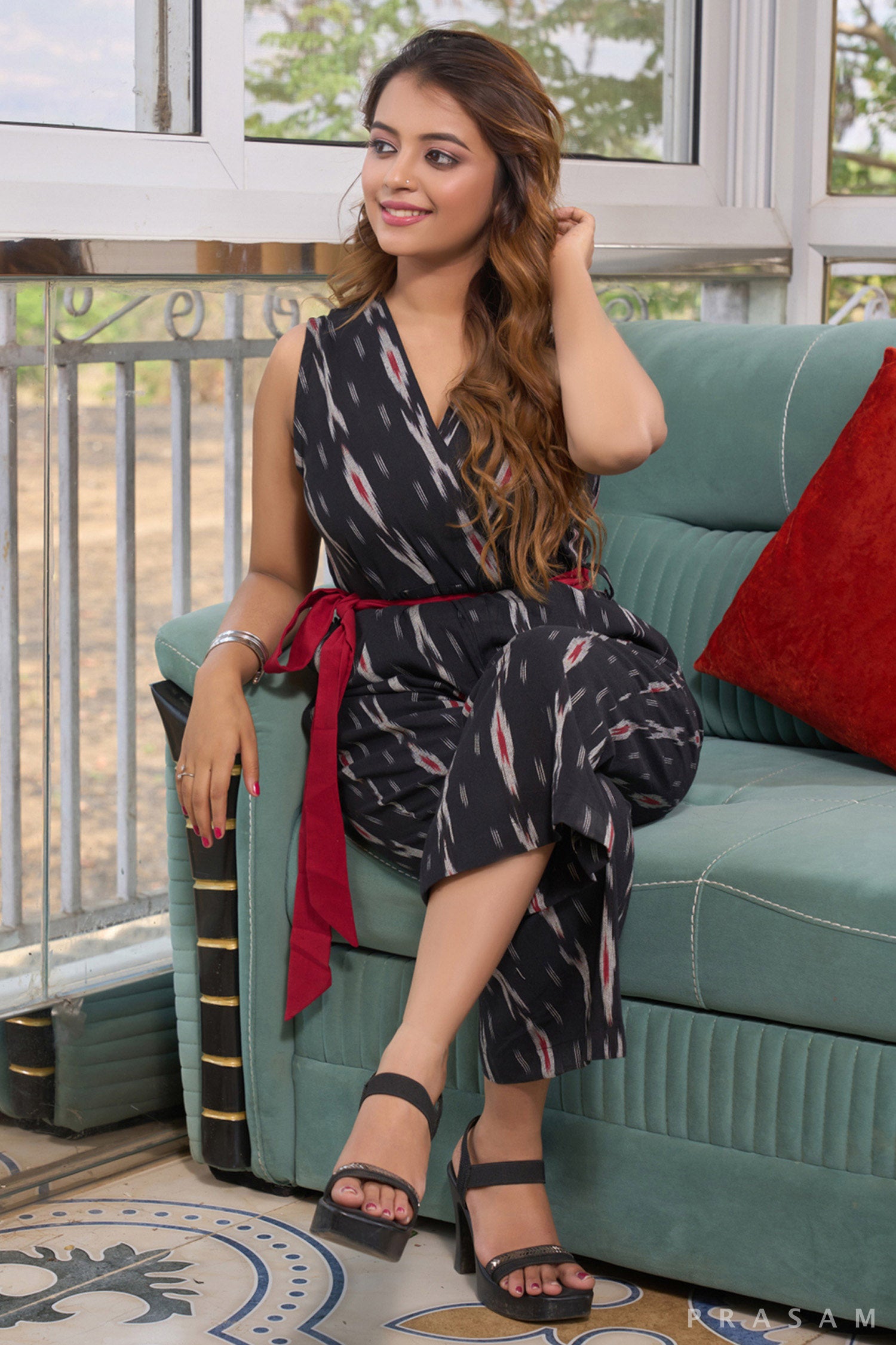 Midnight Elegance Jumpsuit with Maroon Belt