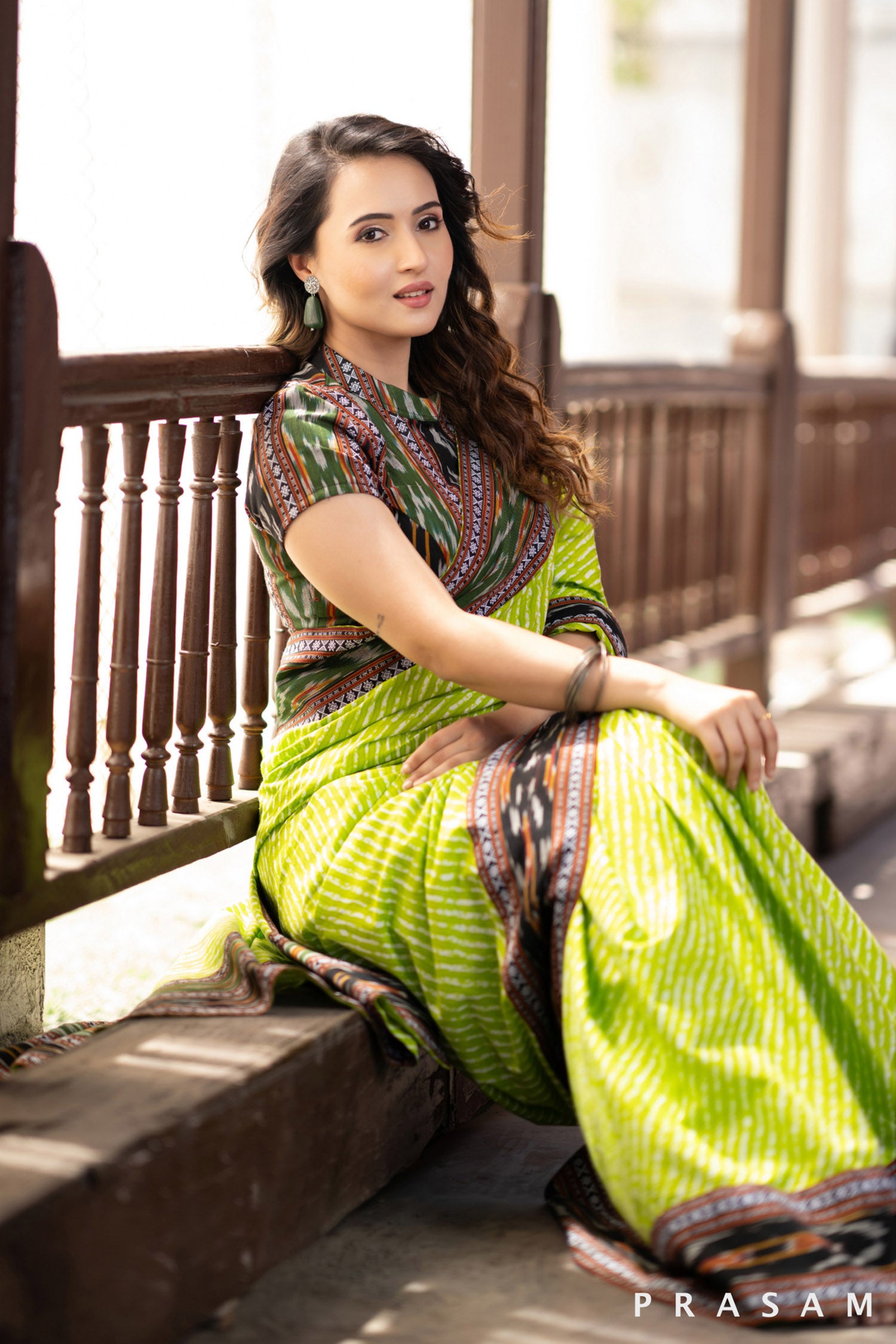 Indy Bliss Green leheriya Mul Saree with Ikat Border