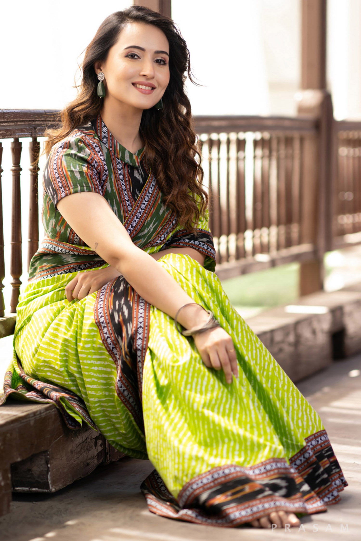 Indy Bliss Green leheriya Mul Saree with Ikat Border