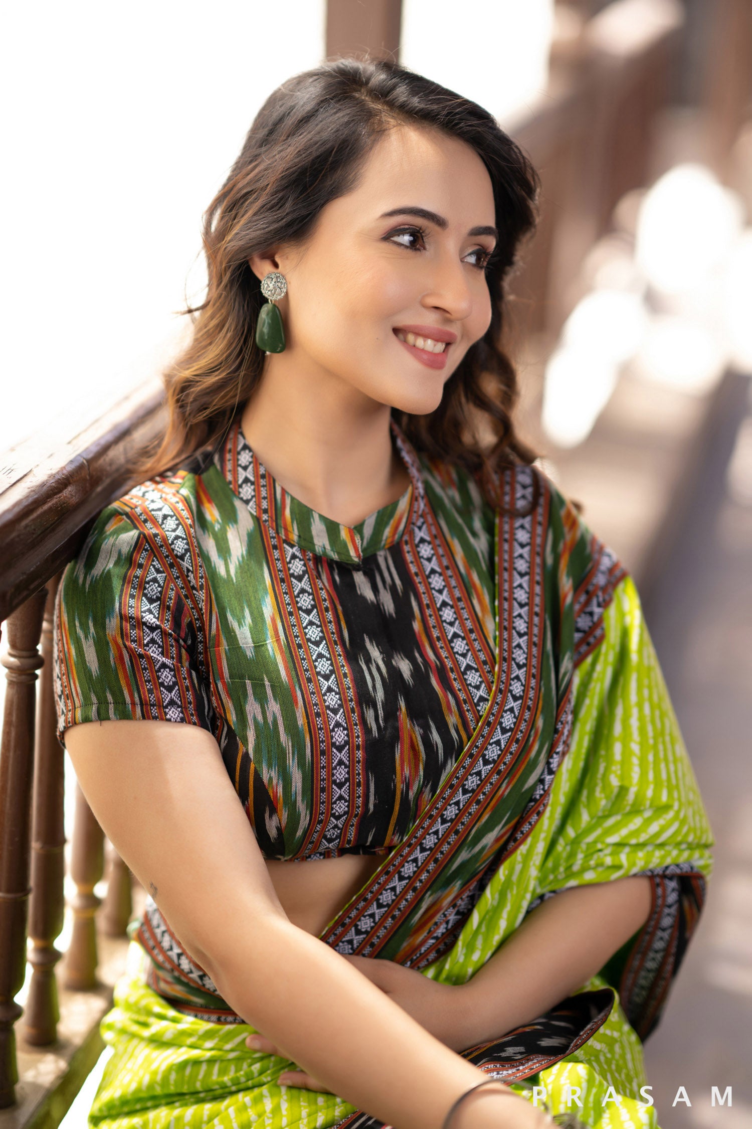 Indy Bliss Green leheriya Mul Saree with Ikat Border
