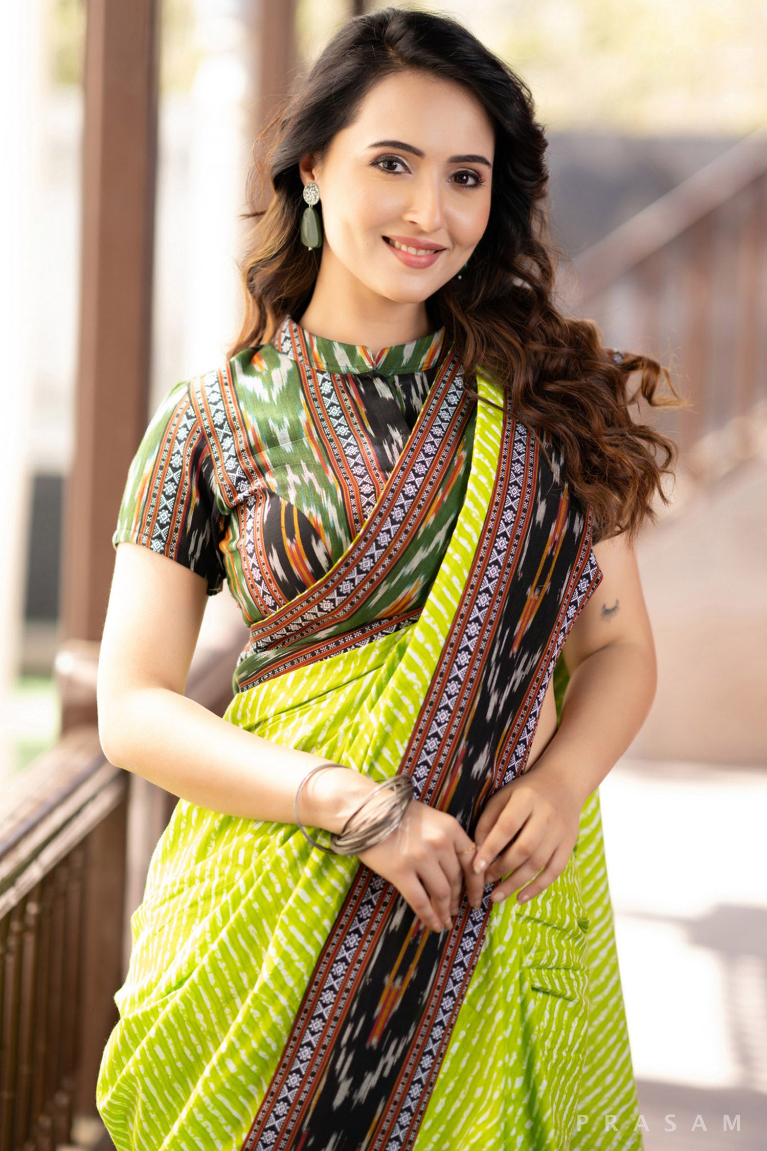 Indy Bliss Green leheriya Mul Saree with Ikat Border