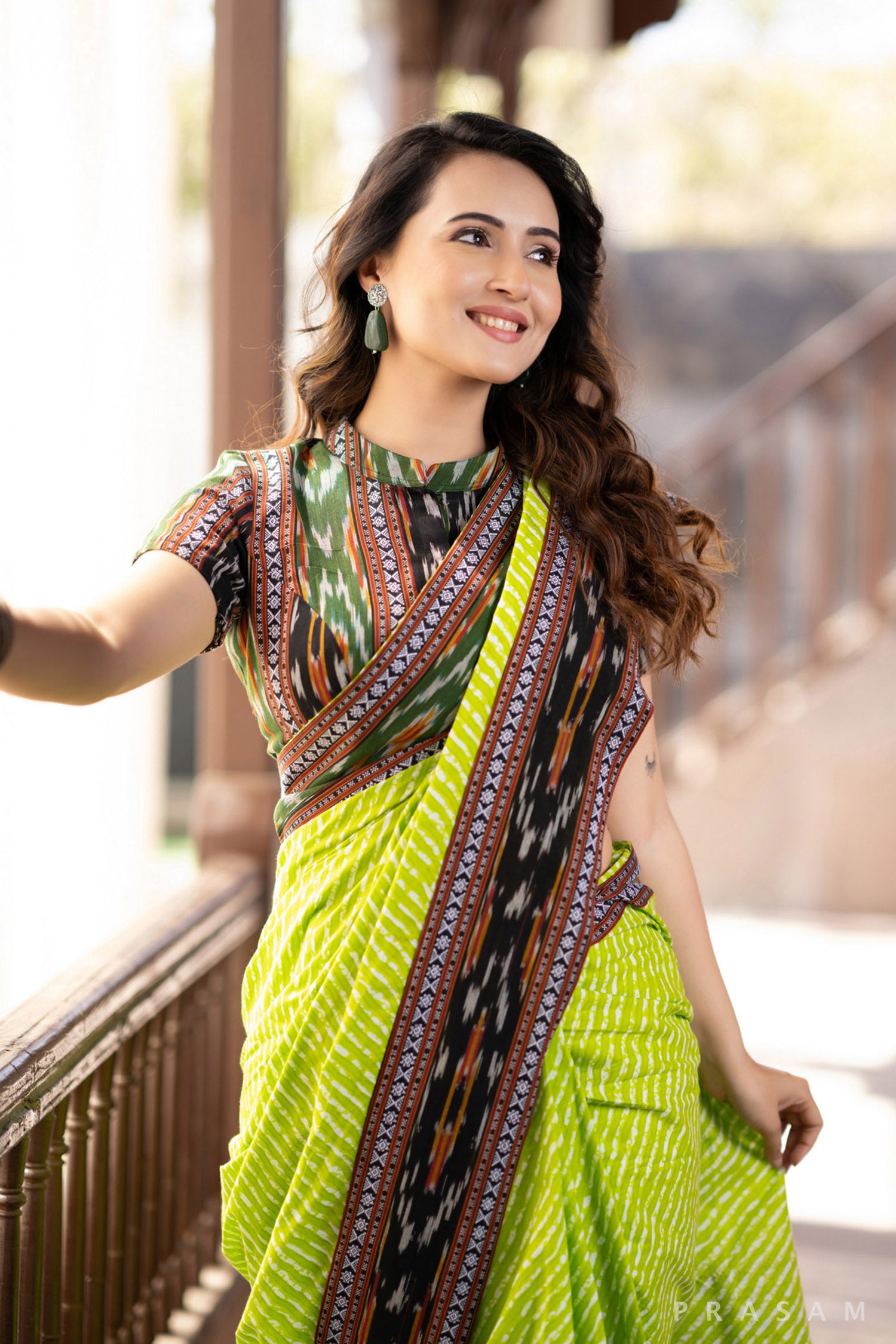 Indy Bliss Green leheriya Mul Saree with Ikat Border