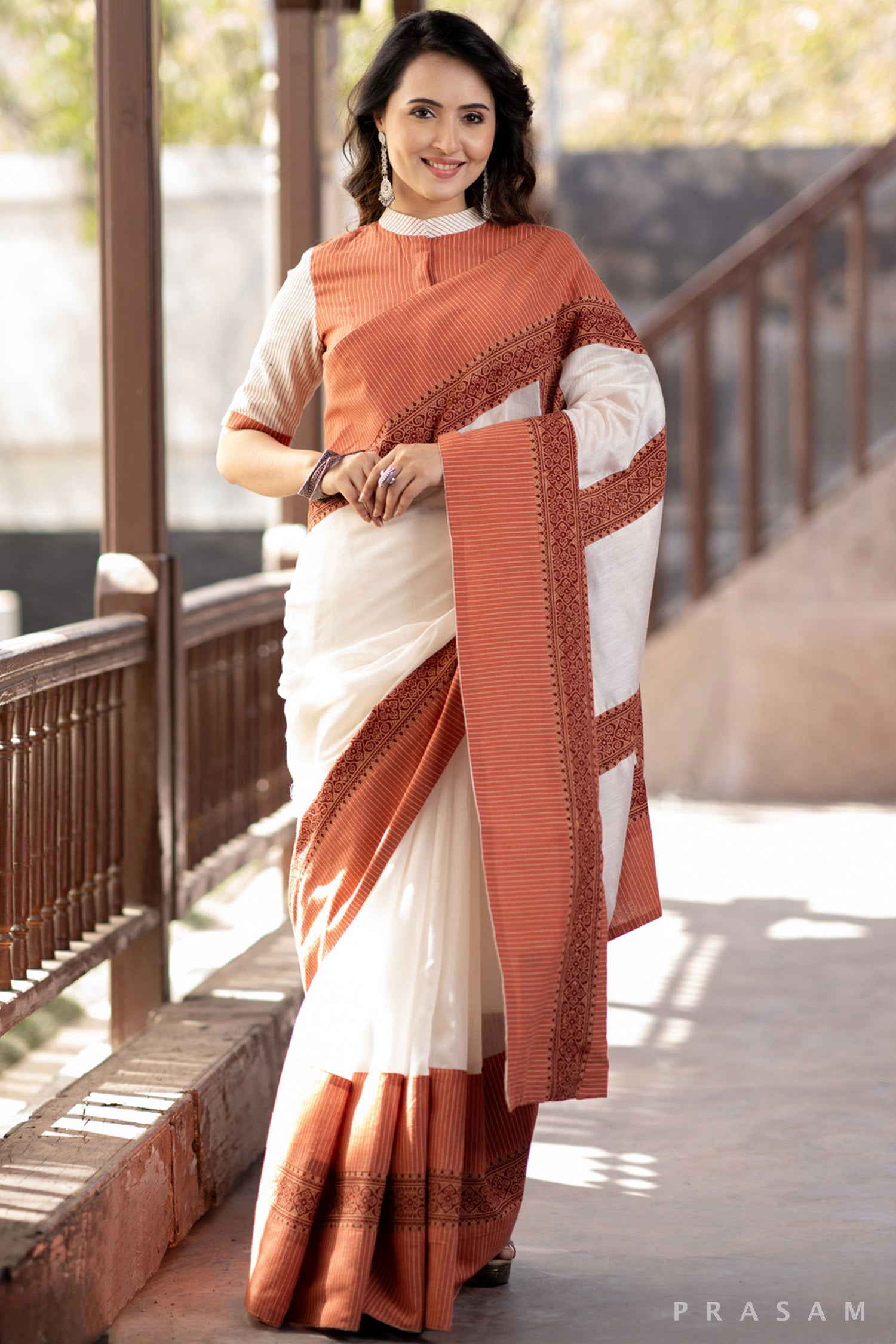 Diya Off White Chanderi Saree with Handwoven Cotton Border