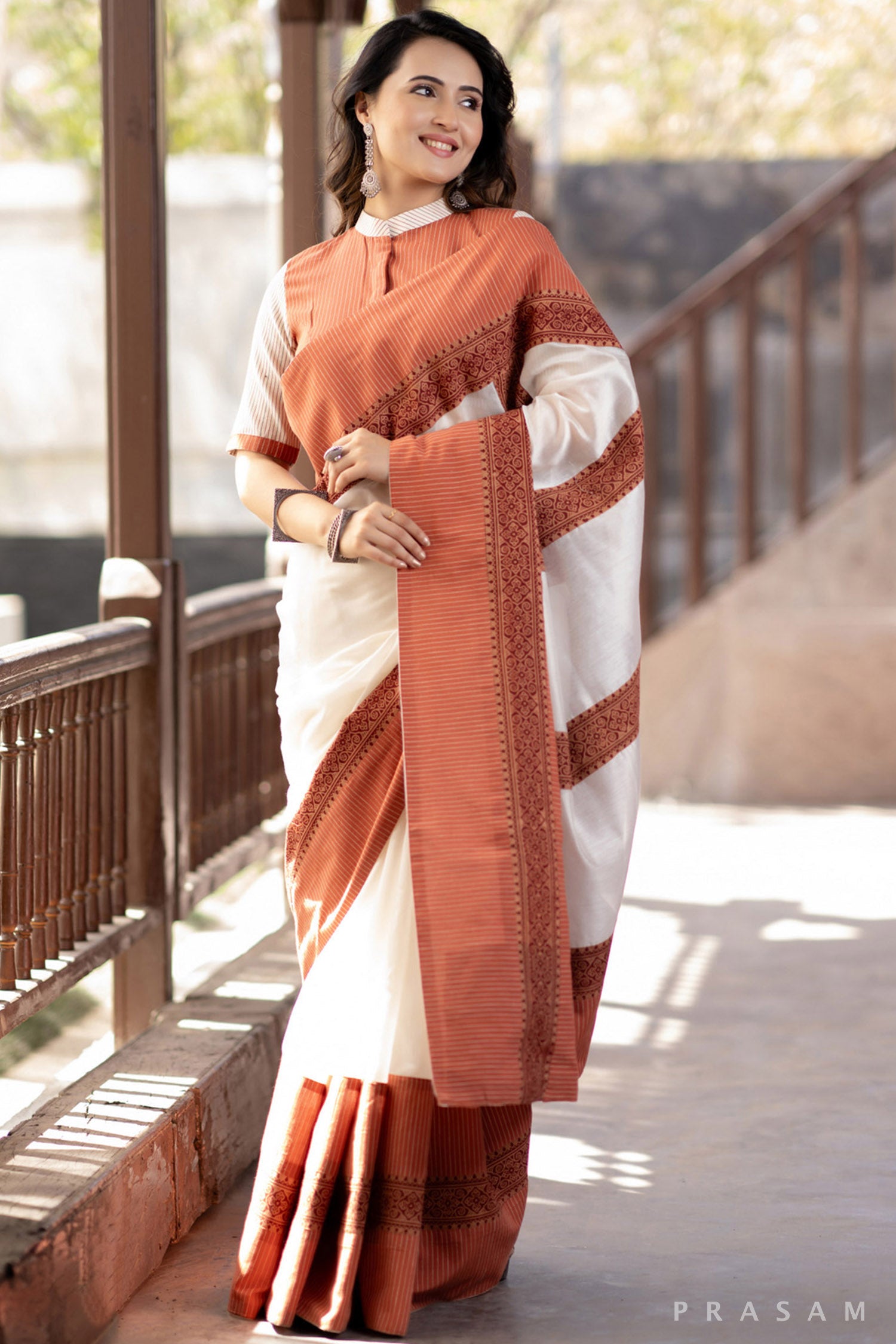 Diya Off White Chanderi Saree with Handwoven Cotton Border