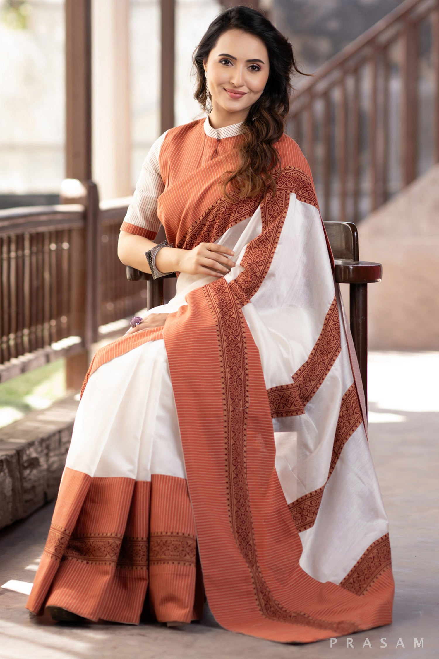 Diya Off White Chanderi Saree with Handwoven Cotton Border