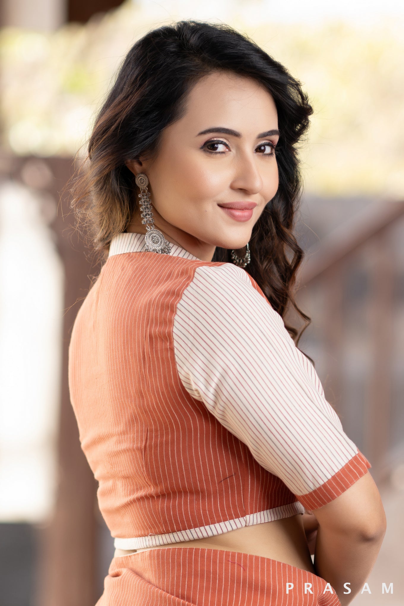 Cotton stripe rust and off white combination blouse