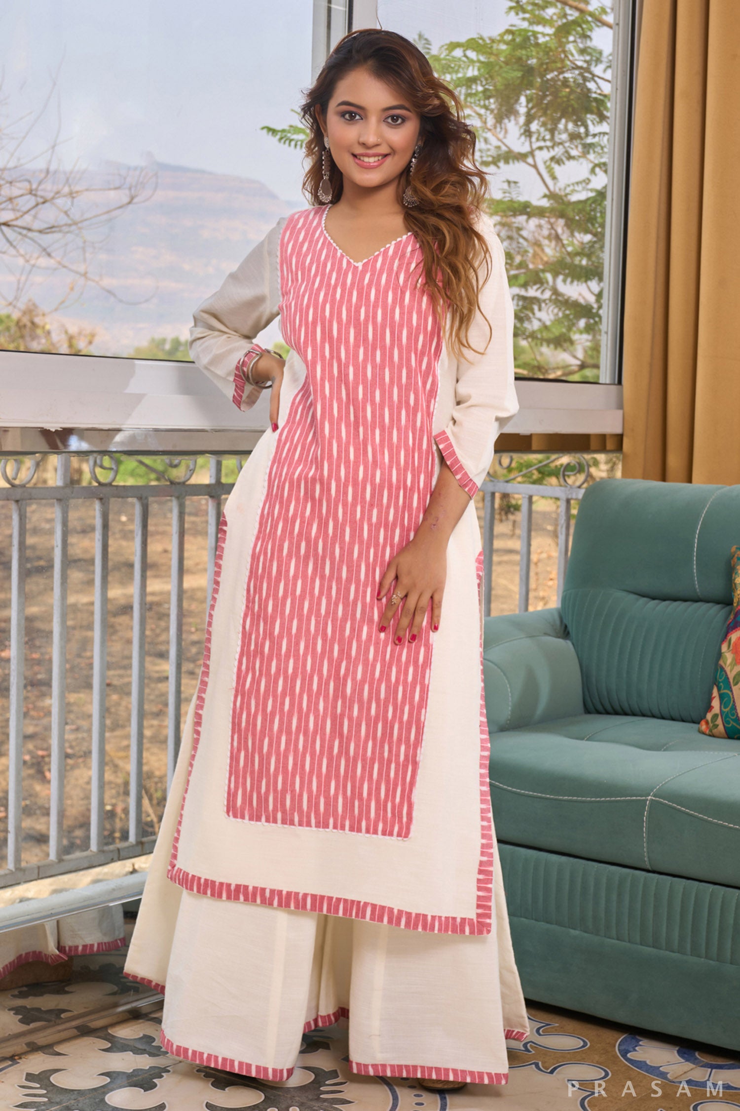 Ivory Breeze Ikat Ensemble kurti palazzo set with ikat combination