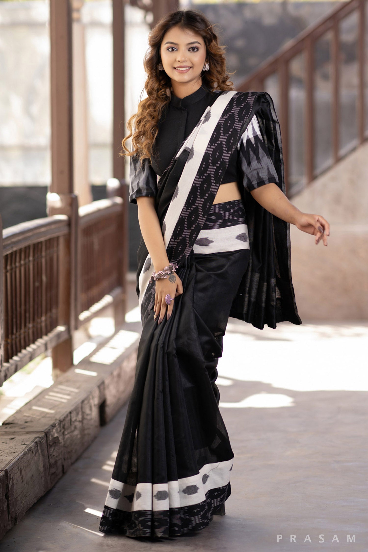 Saundarya Black Chanderi Saree with Ikat Borders