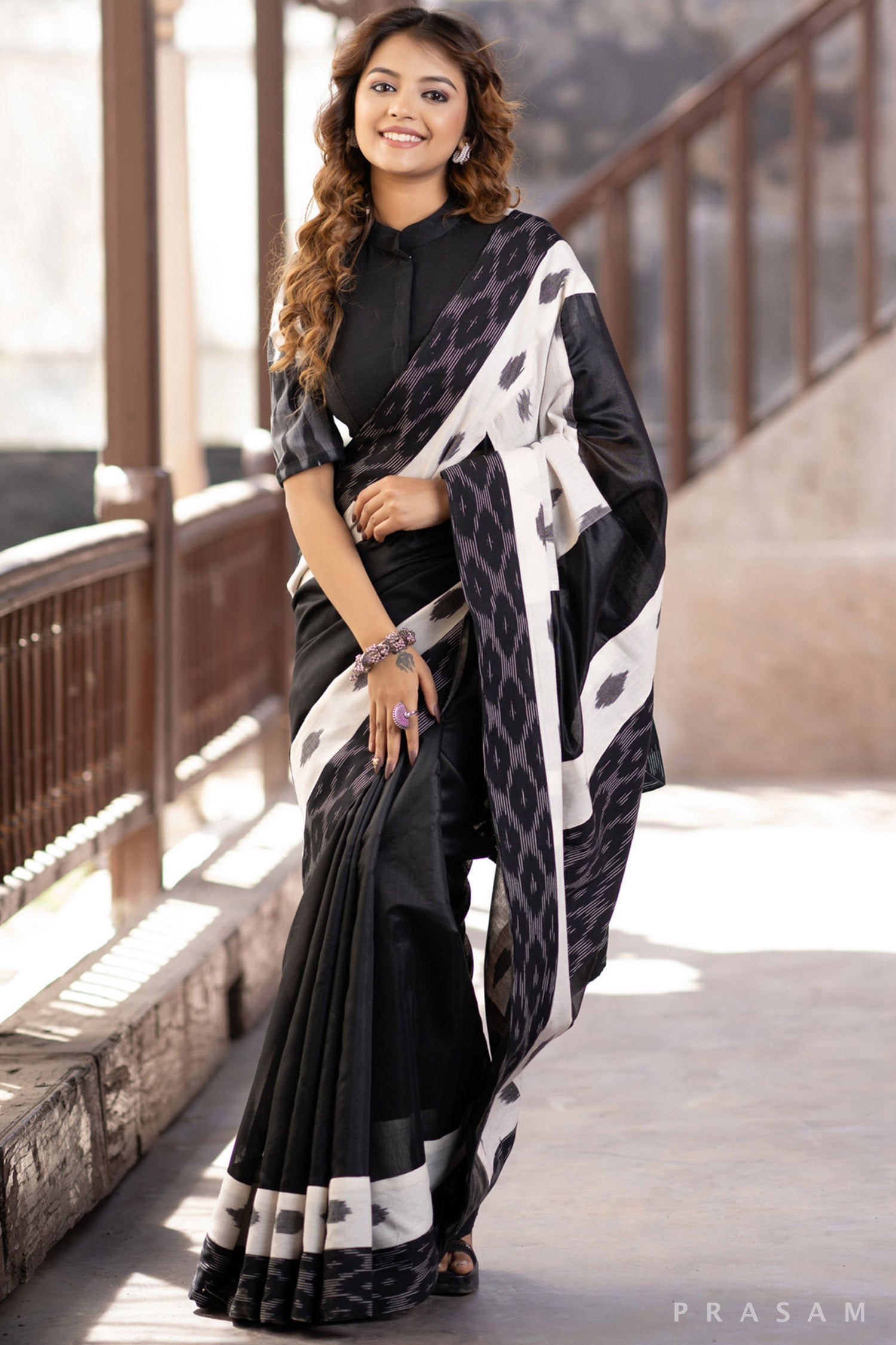 Saundarya Black Chanderi Saree with Ikat Borders