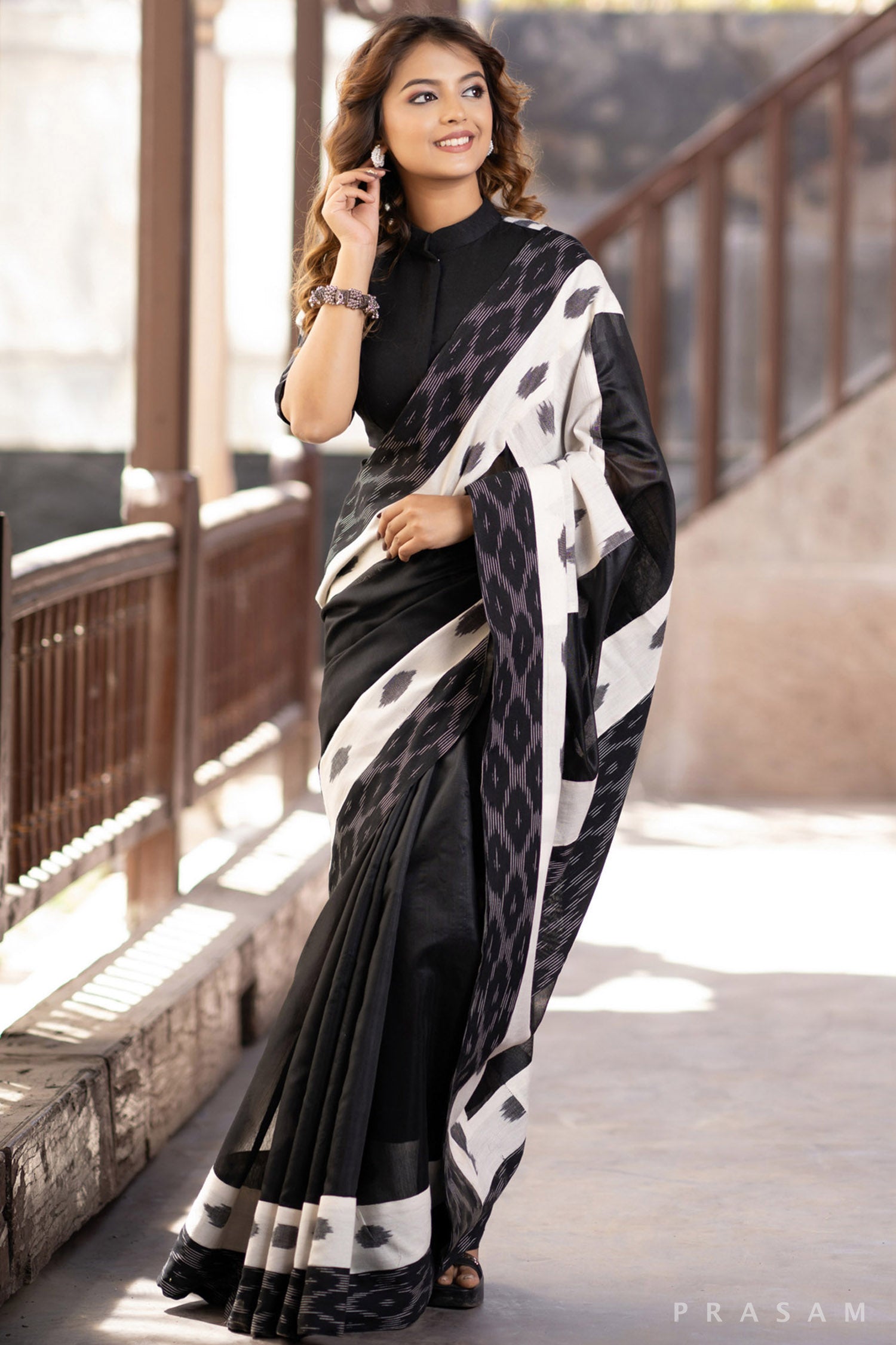 Saundarya Black Chanderi Saree with Ikat Borders