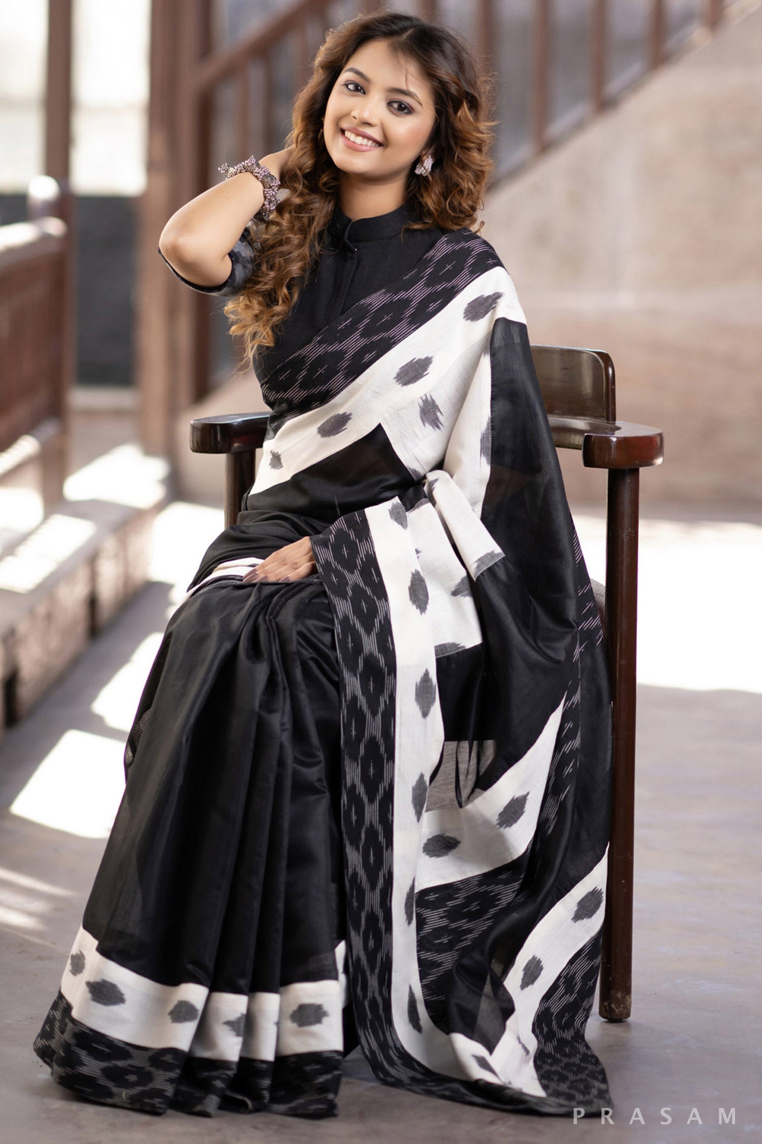Saundarya Black Chanderi Saree with Ikat Borders