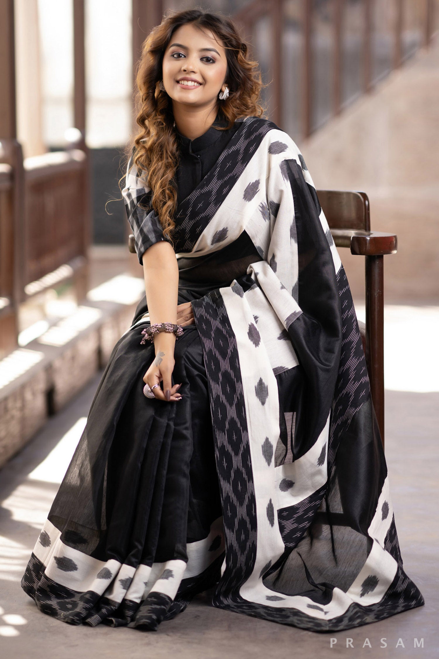 Saundarya Black Chanderi Saree with Ikat Borders