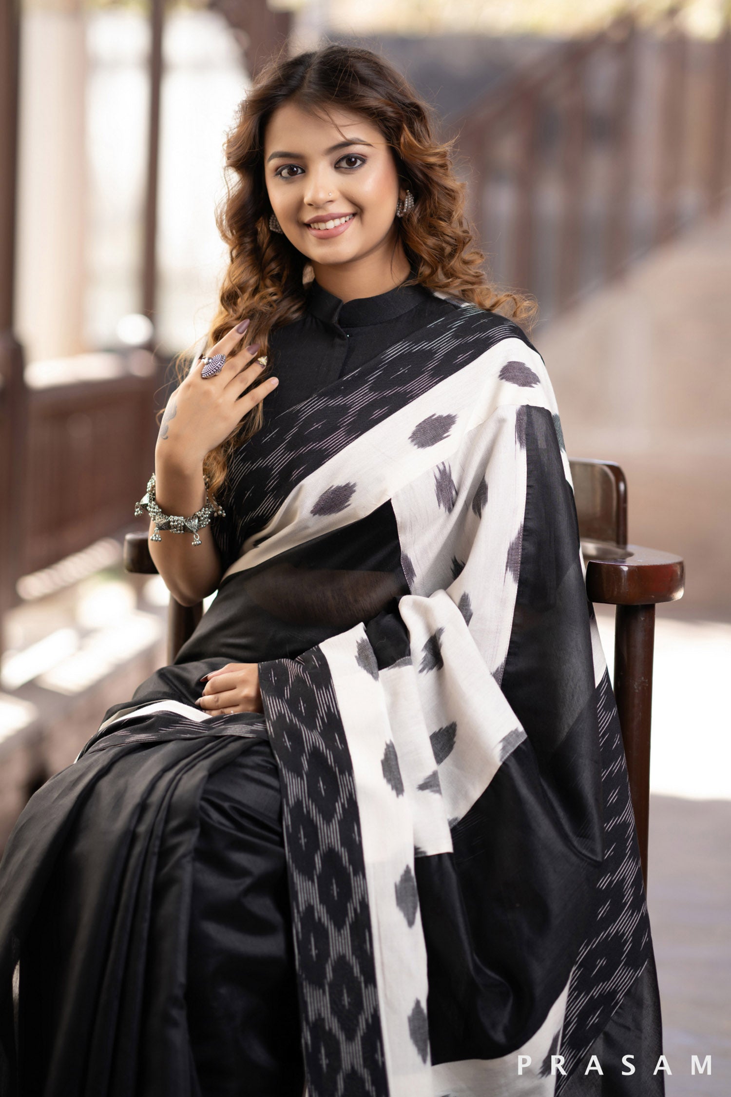 Saundarya Black Chanderi Saree with Ikat Borders