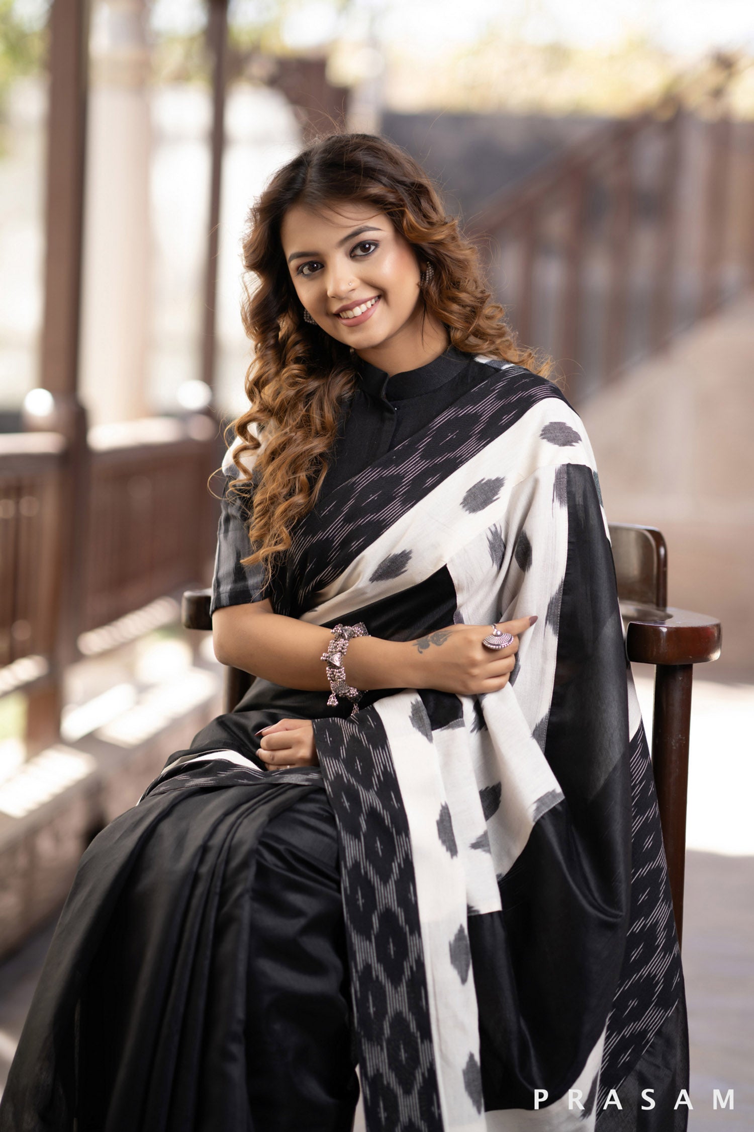 Saundarya Black Chanderi Saree with Ikat Borders