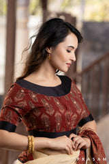 Maroon cotton ajrakh blouse with black trims