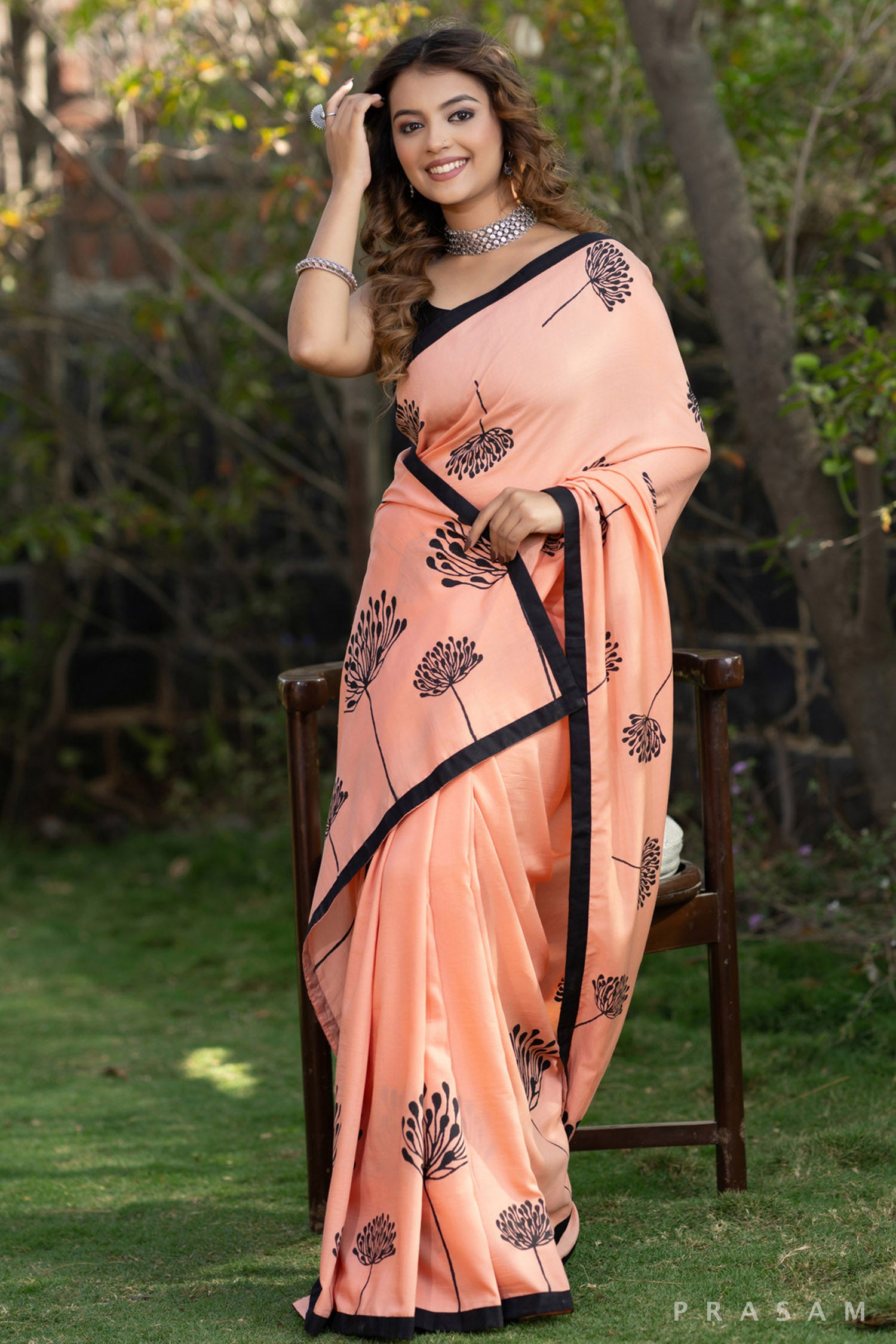 Eleganza Peach Muslin Saree with Block Print