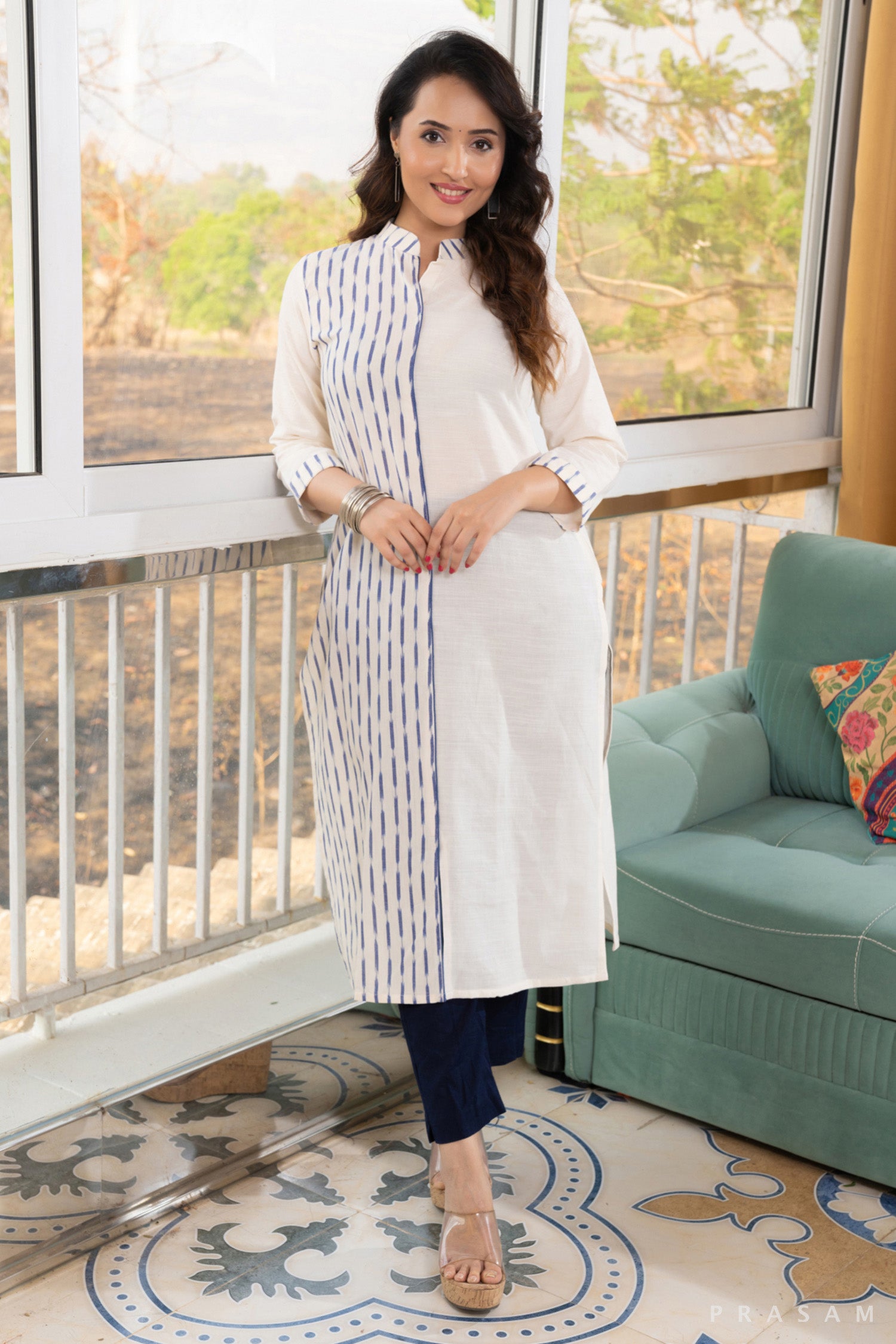 Snowflake Symphony Off-White Combination Ikat and Handloom Cotton Kurti