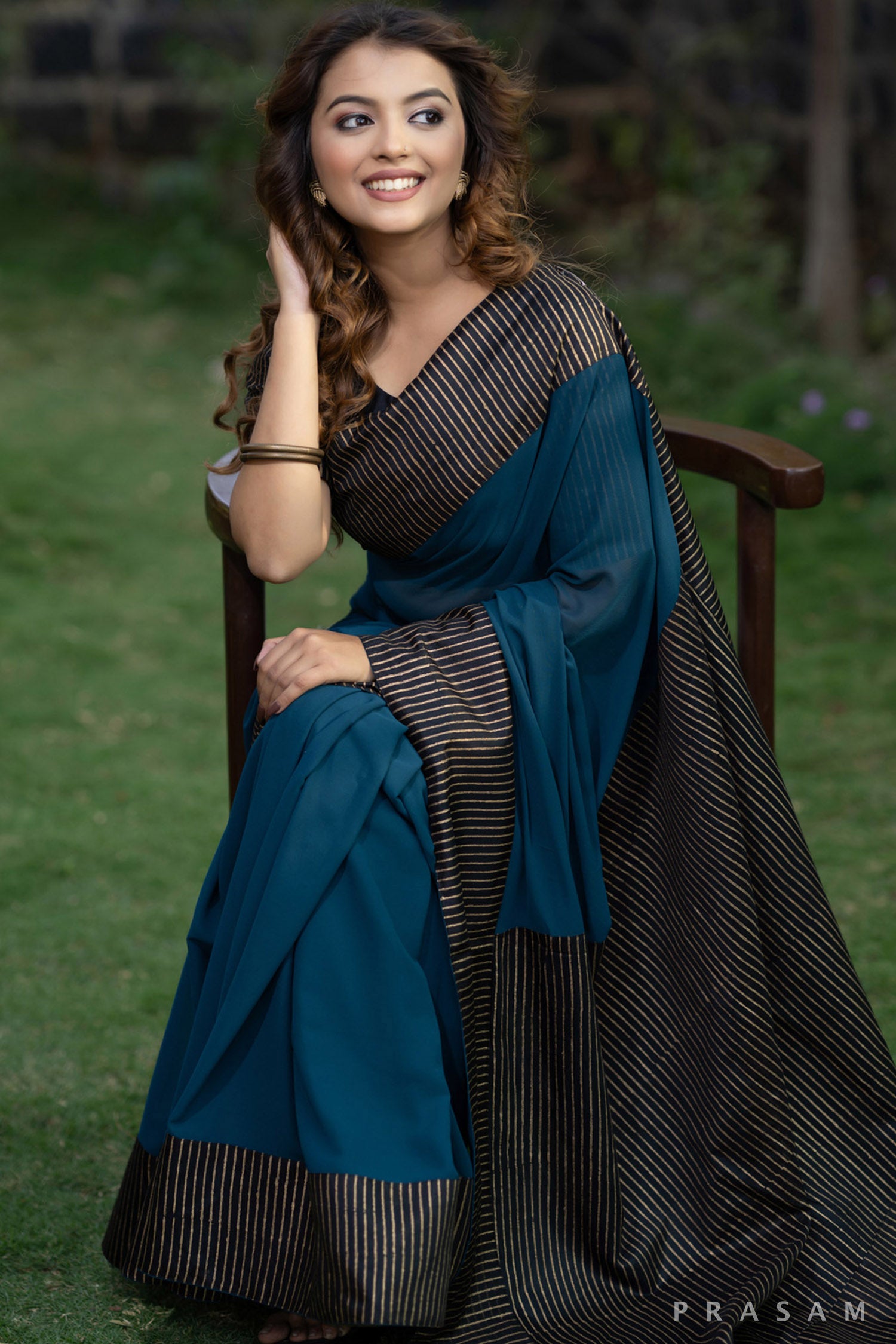 Sajun Teal Georgette Saree with Block Printed Pallu and Border