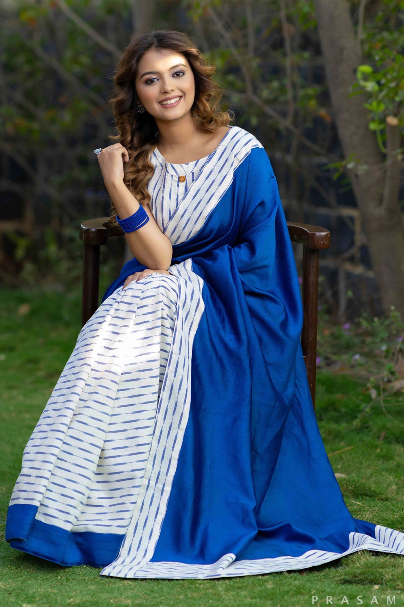 Ice blue cotton ikat and chanderi half and half fusion saree