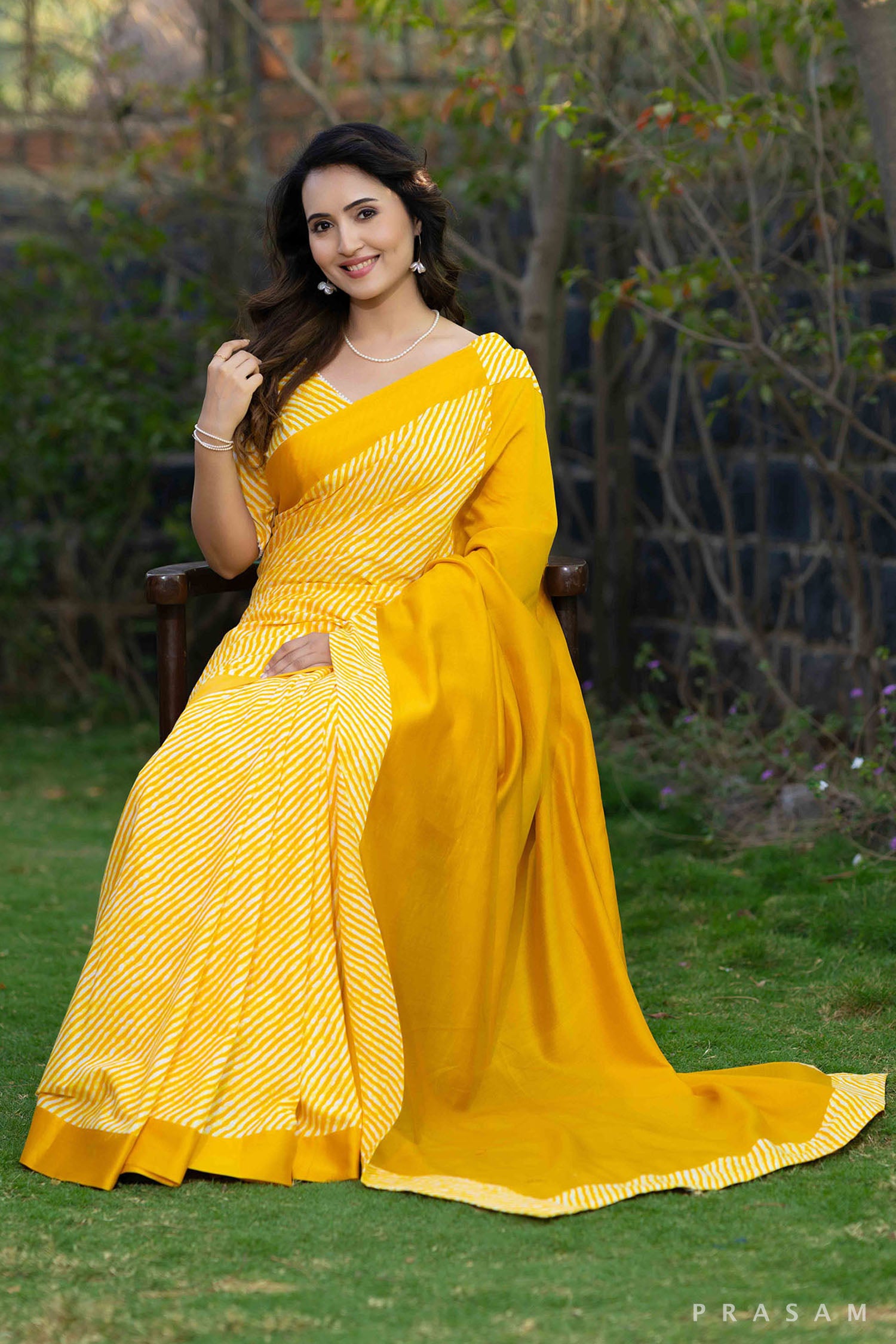 Surabhi golden yellow cotton lehariya and chanderi fusion saree