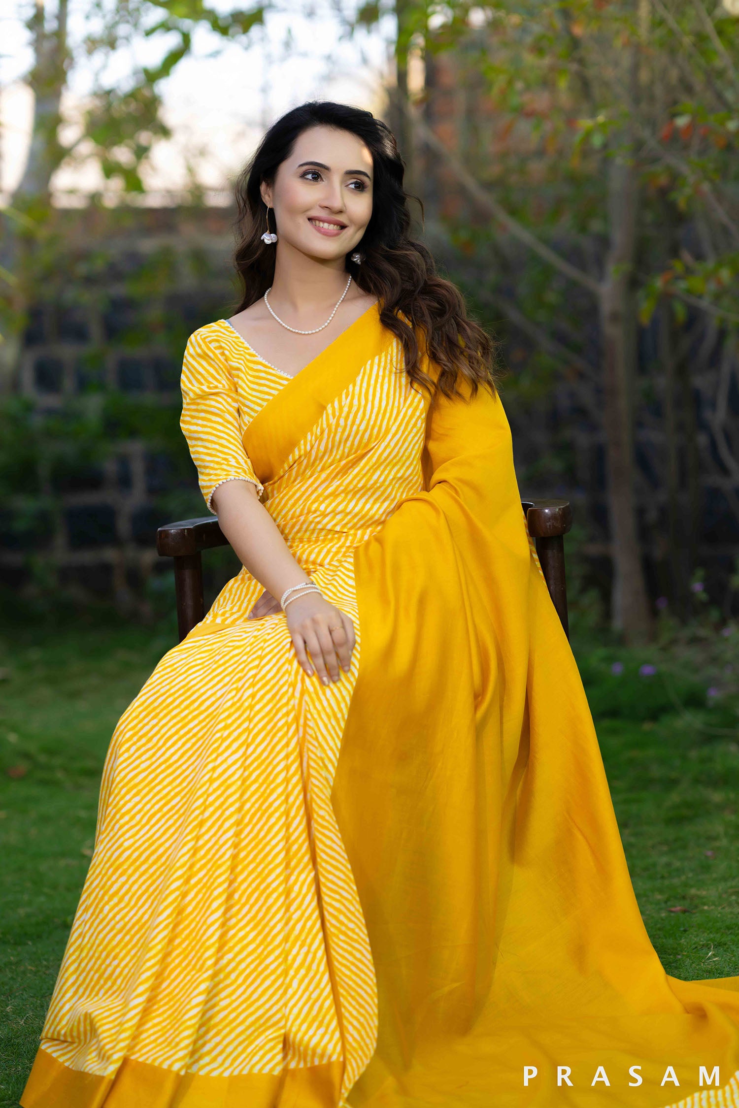 Surabhi golden yellow cotton lehariya and chanderi fusion saree