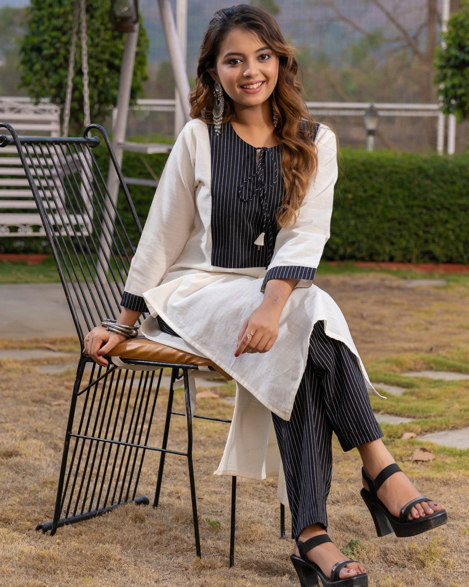 Whispering Sands Off-White Handloom Cotton Kurti with Stripe Yoke (Optional Pants)