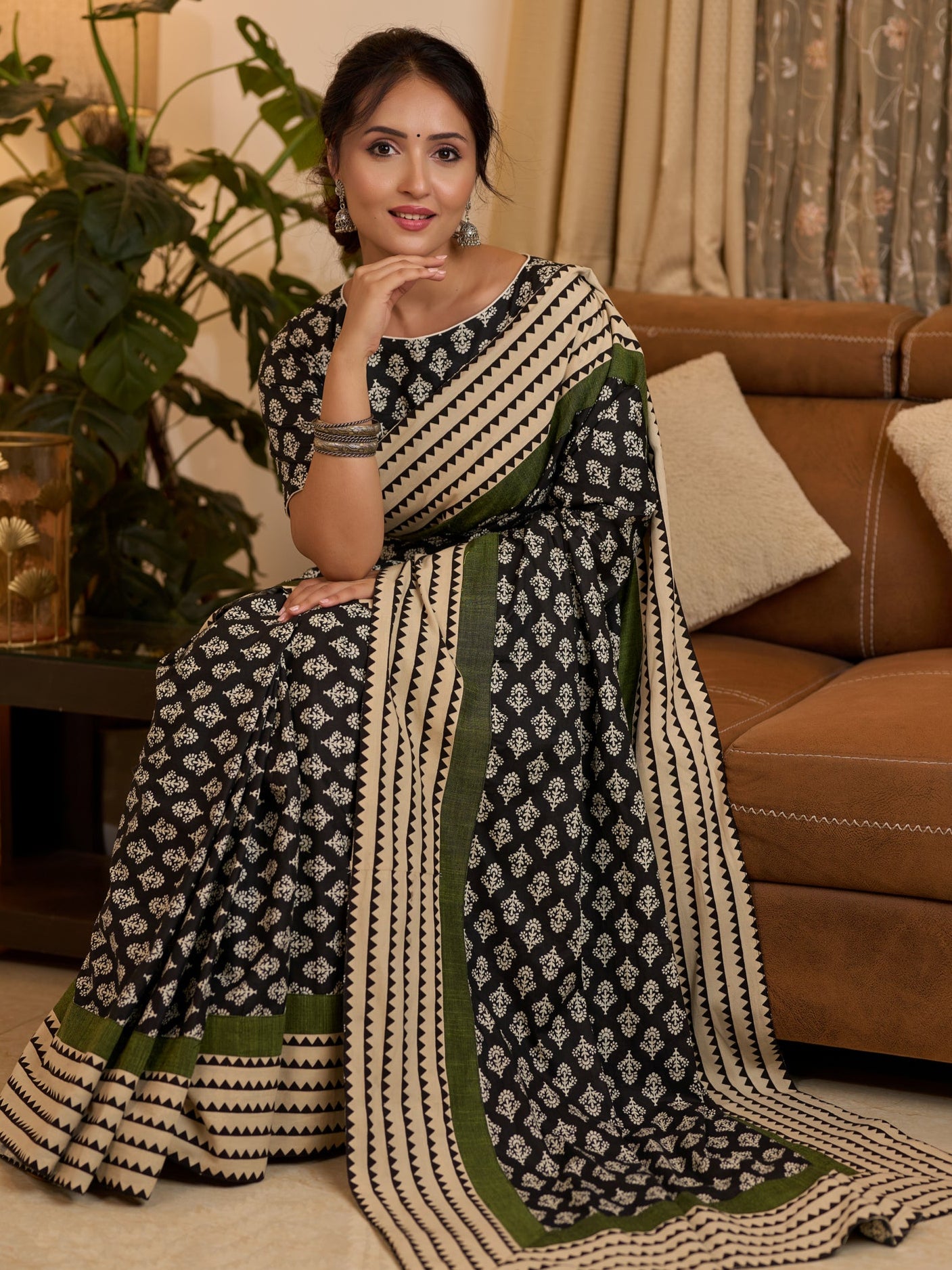 Enchanted Grove Ajrakh Block Printed Cotton Saree
