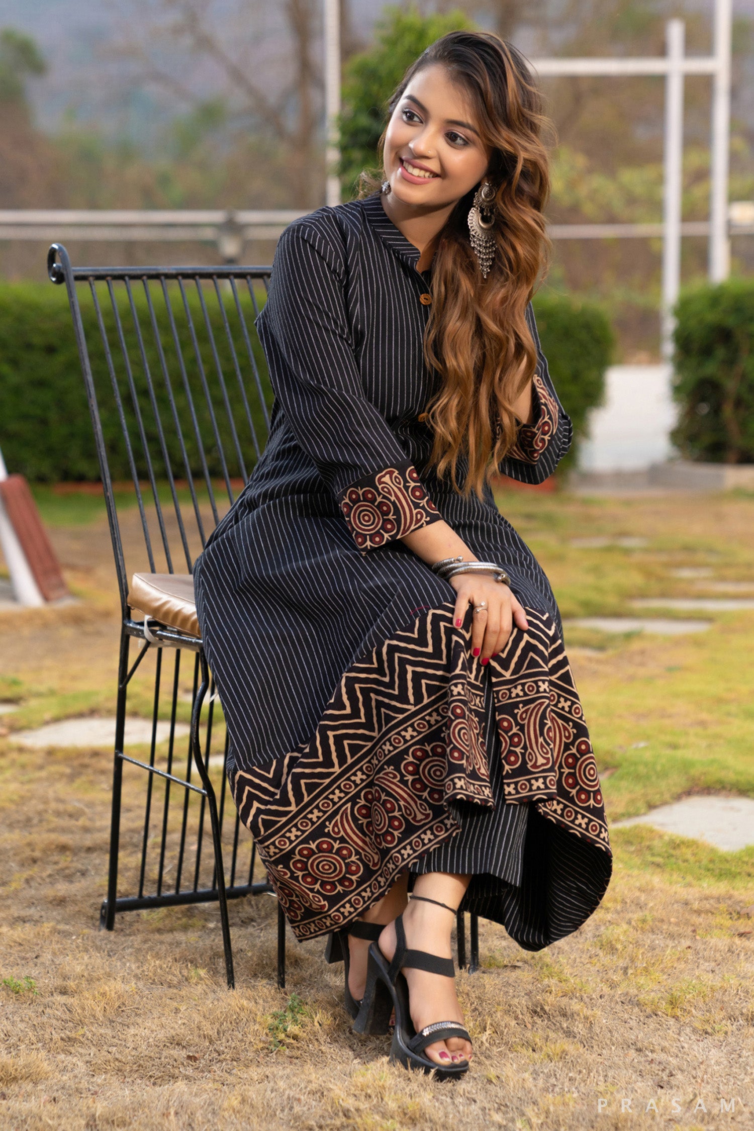 Sapphire Serenade Stripe Cotton Ajrakh Kurti