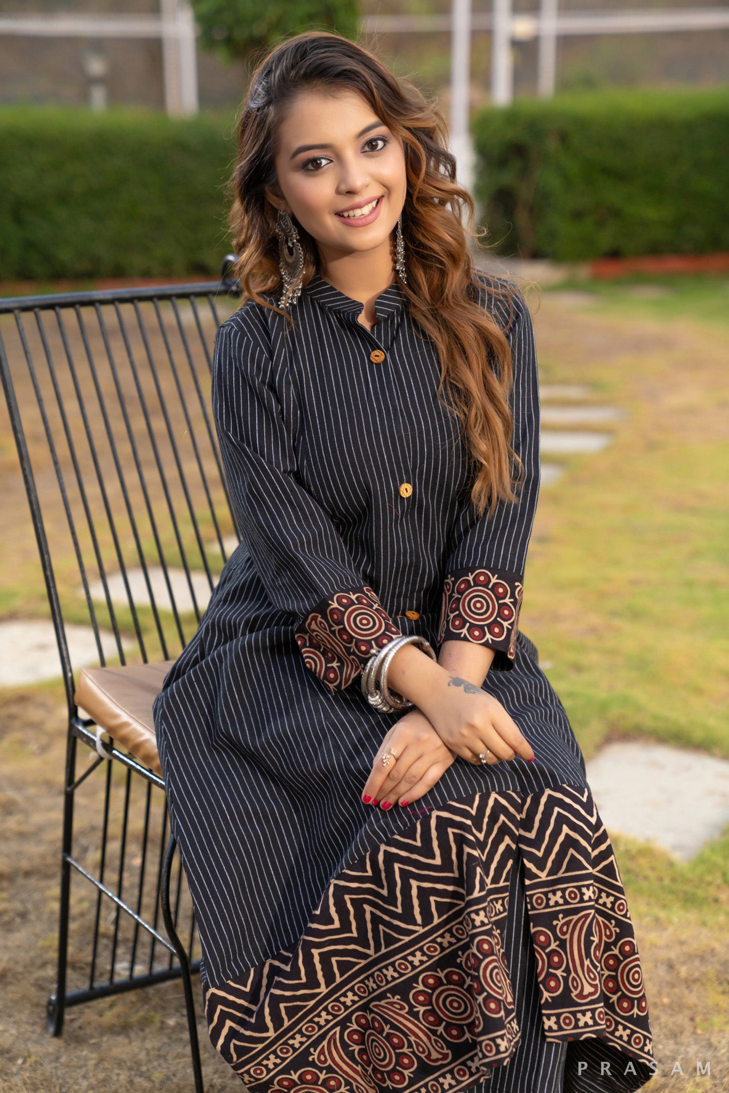 Sapphire Serenade Stripe Cotton Ajrakh Kurti