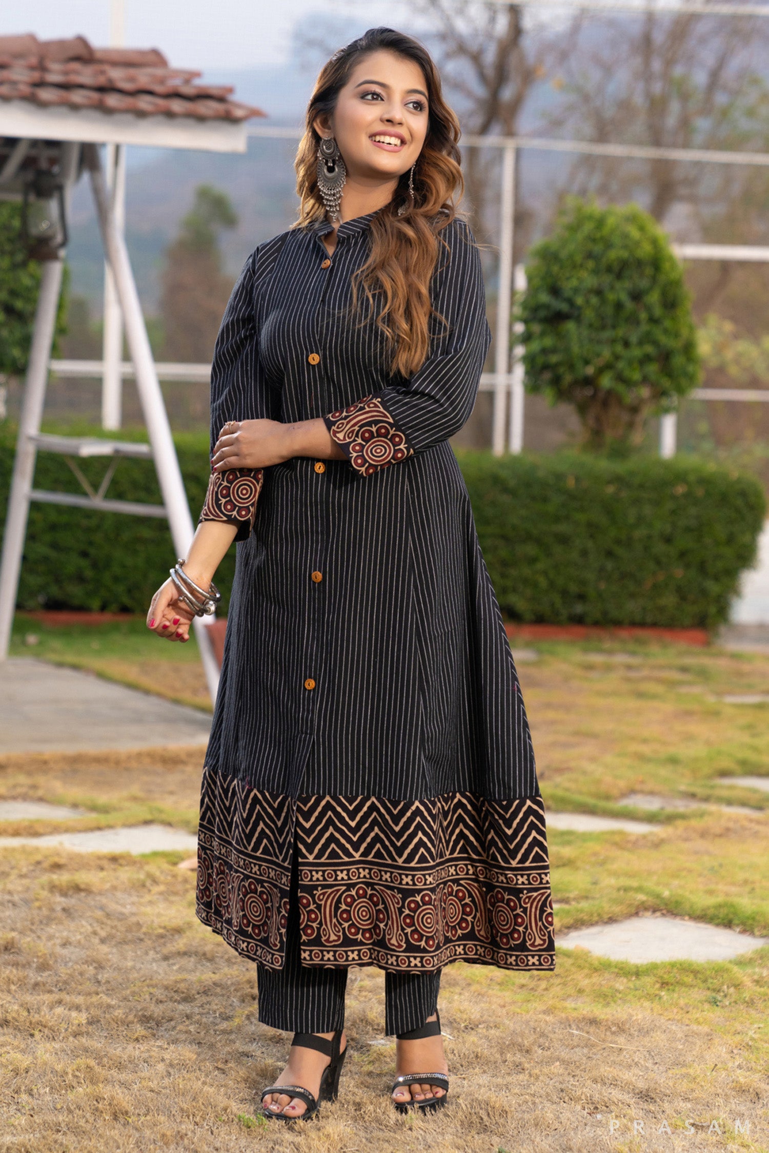 Sapphire Serenade Stripe Cotton Ajrakh Kurti