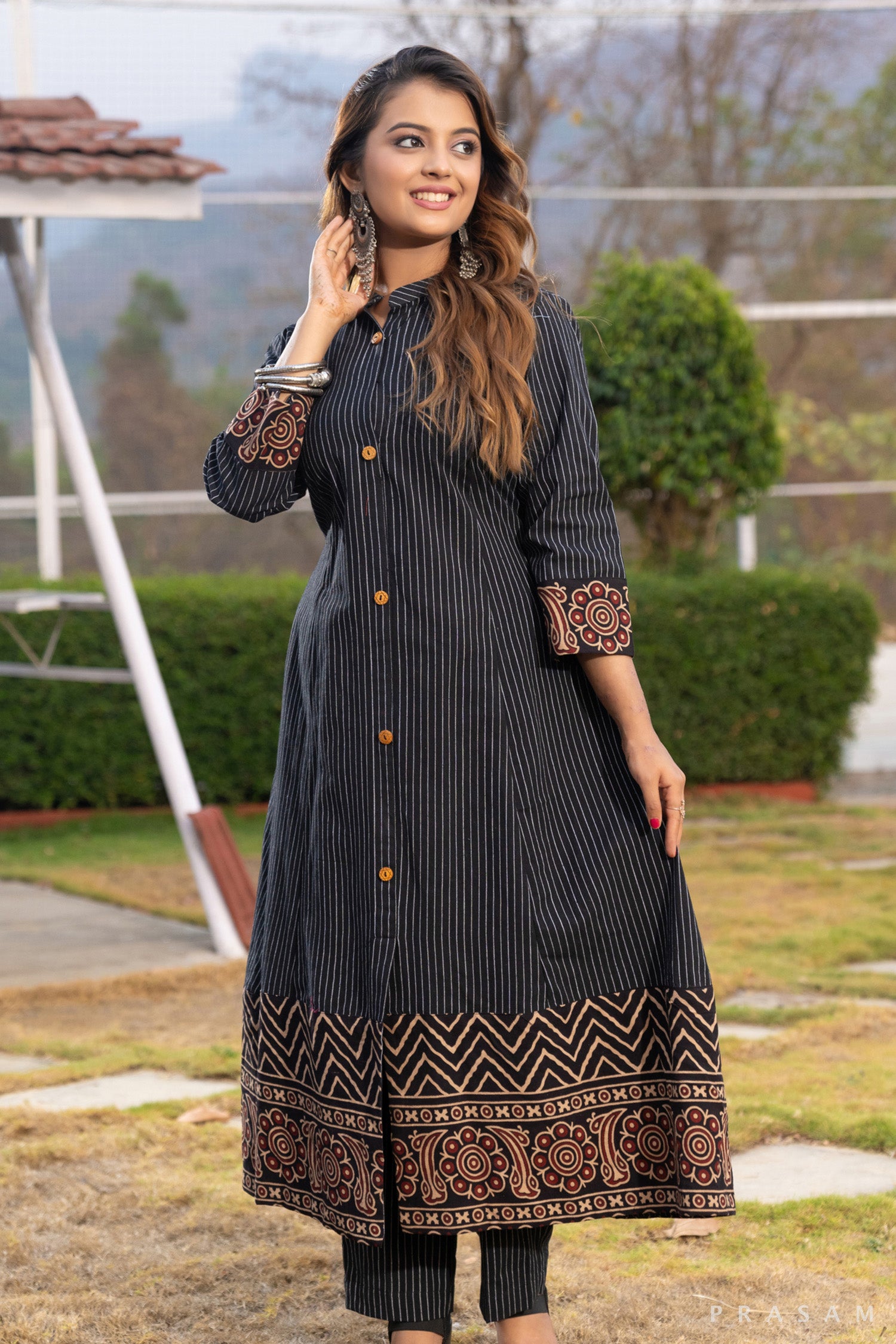 Sapphire Serenade Stripe Cotton Ajrakh Kurti