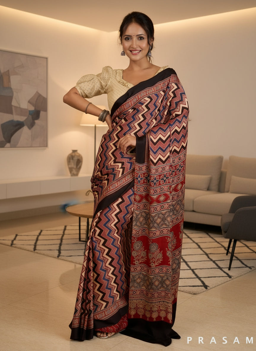 Crimson Charm Silk Modal Ajrakh Saree