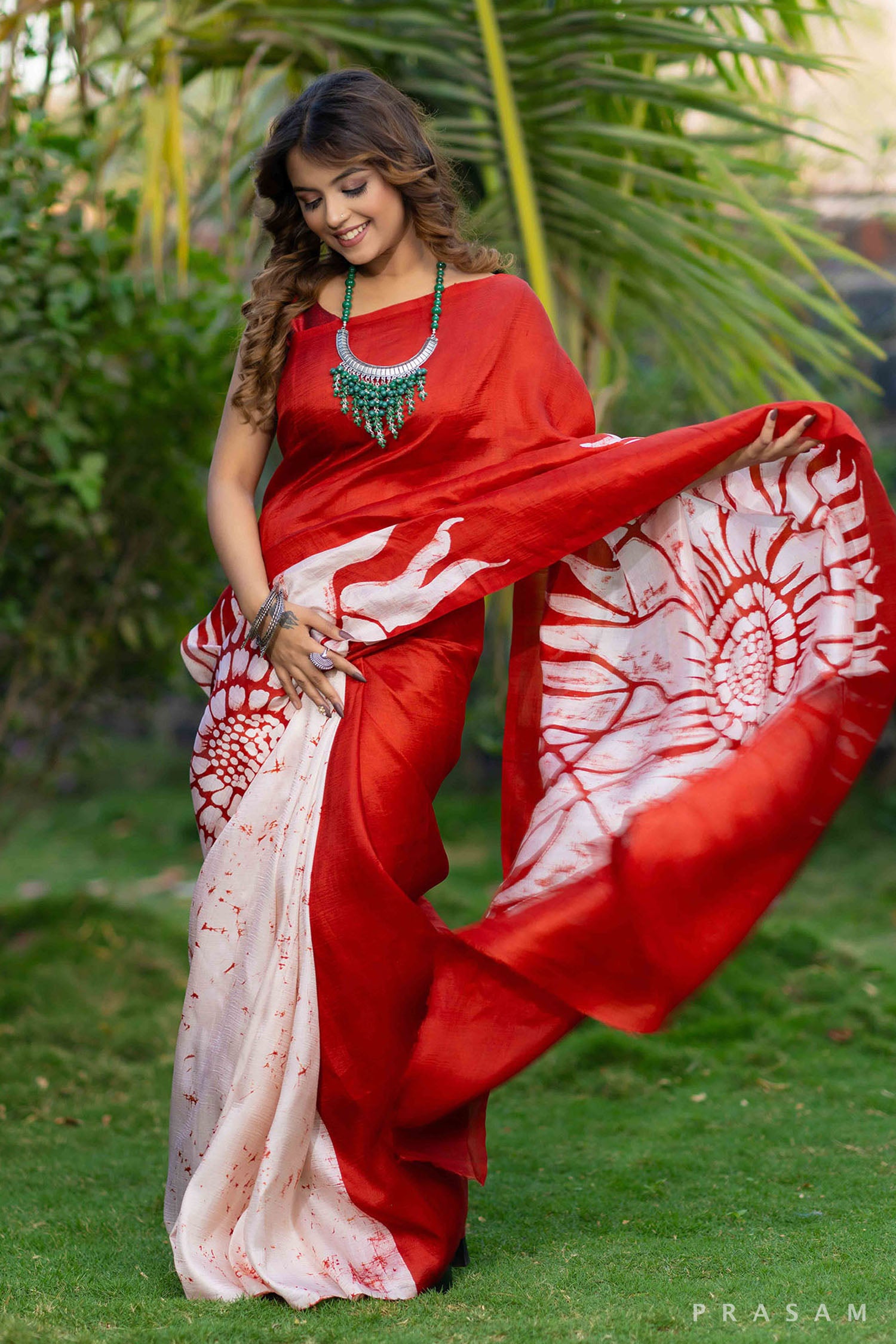Red batik silk saree