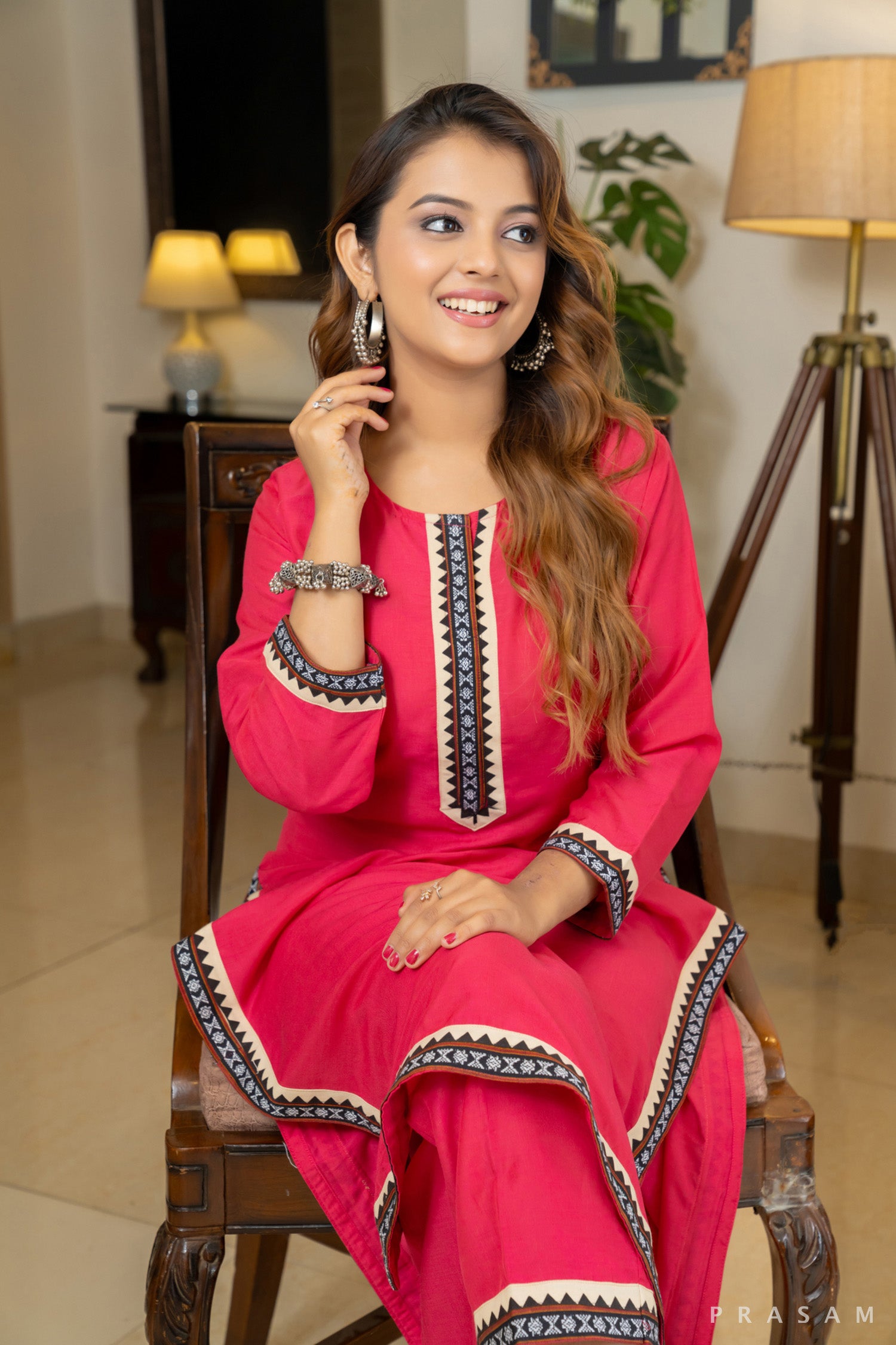 Royal Radiance Rani Pink Mul Muslin Kurta Set with Ikat Trims
