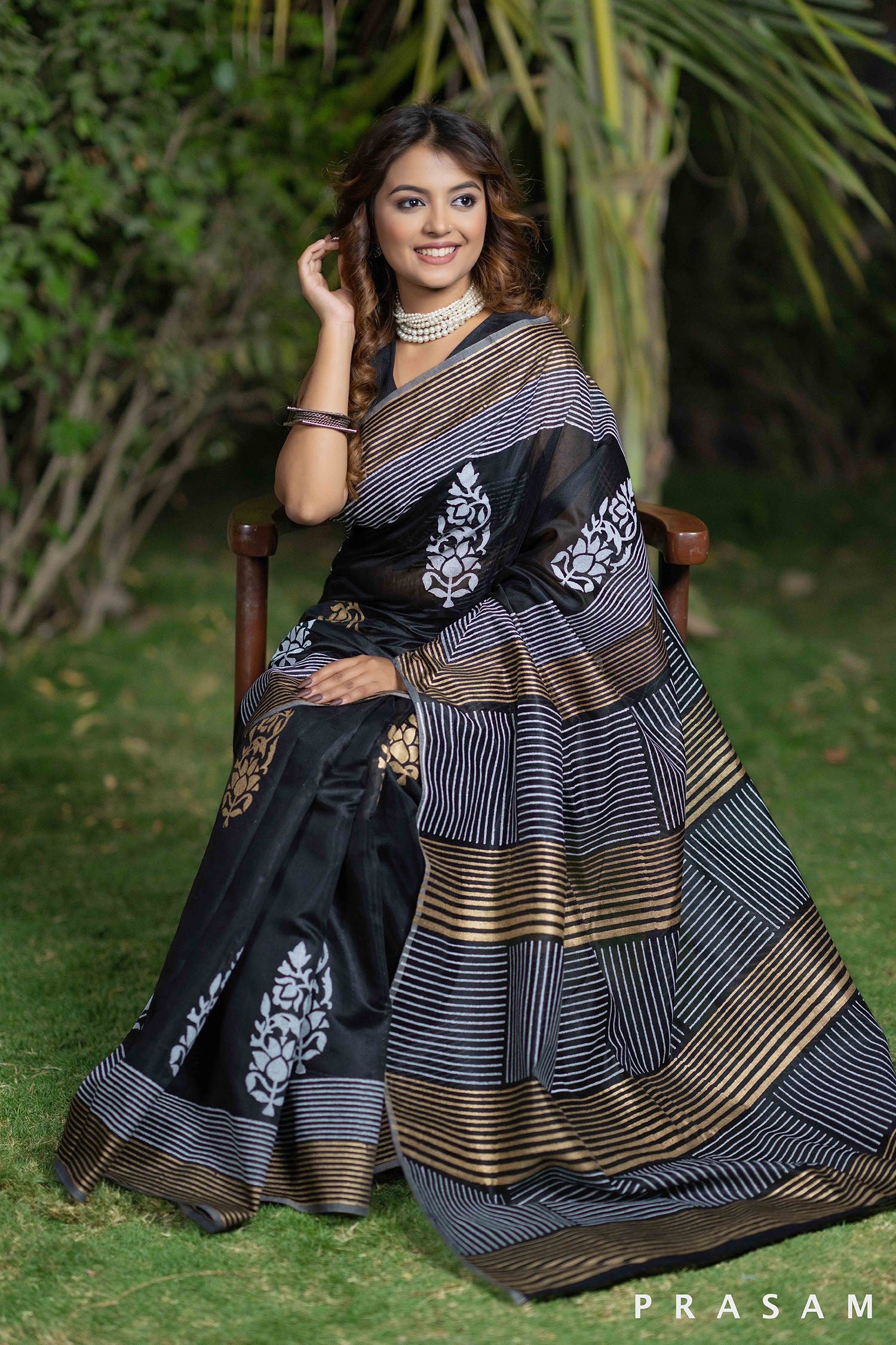 Cuckoo black chanderi block print saree