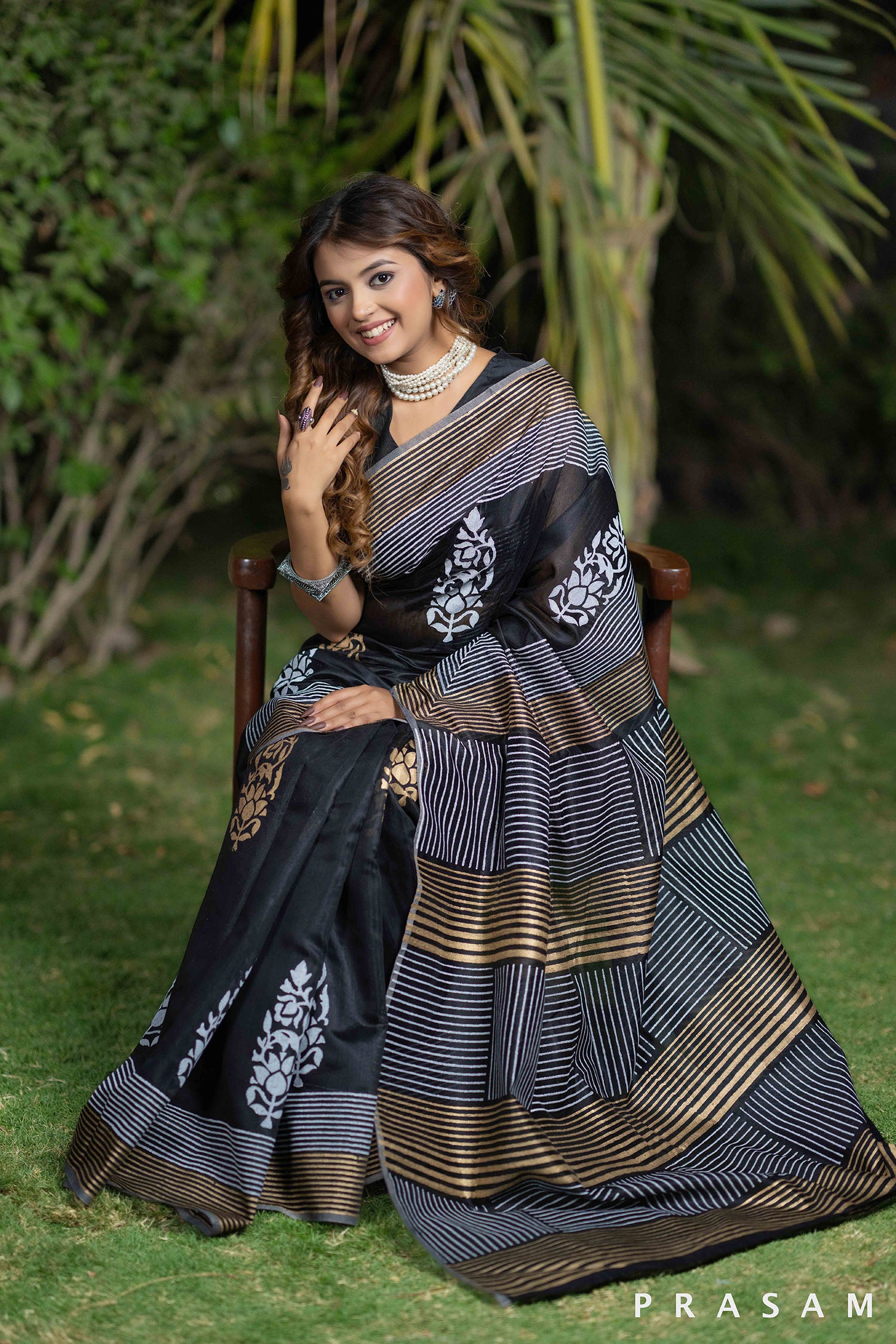 Cuckoo black chanderi block print saree