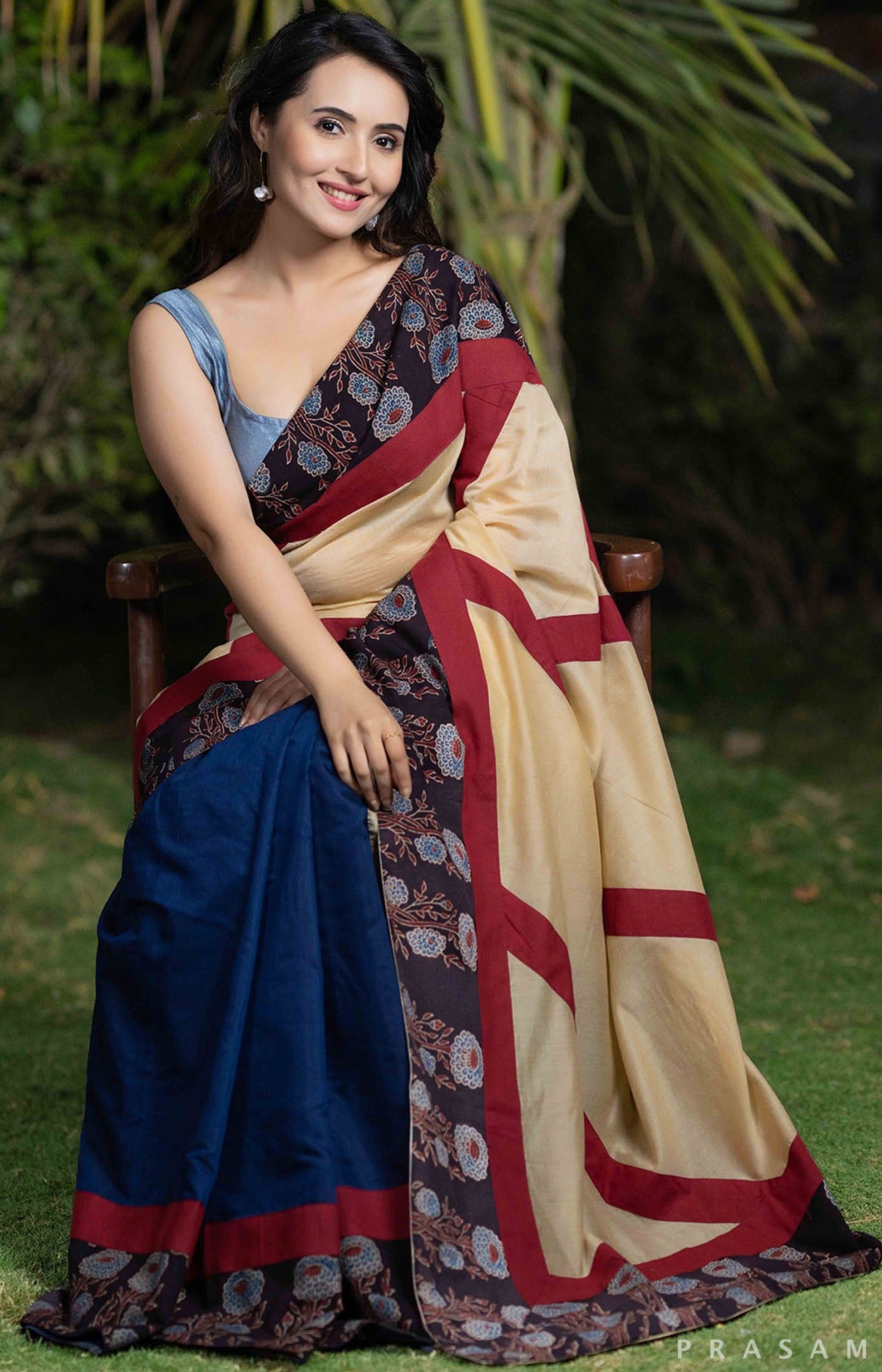 Blue Oasis Chanderi and Ajrakh Fusion Saree