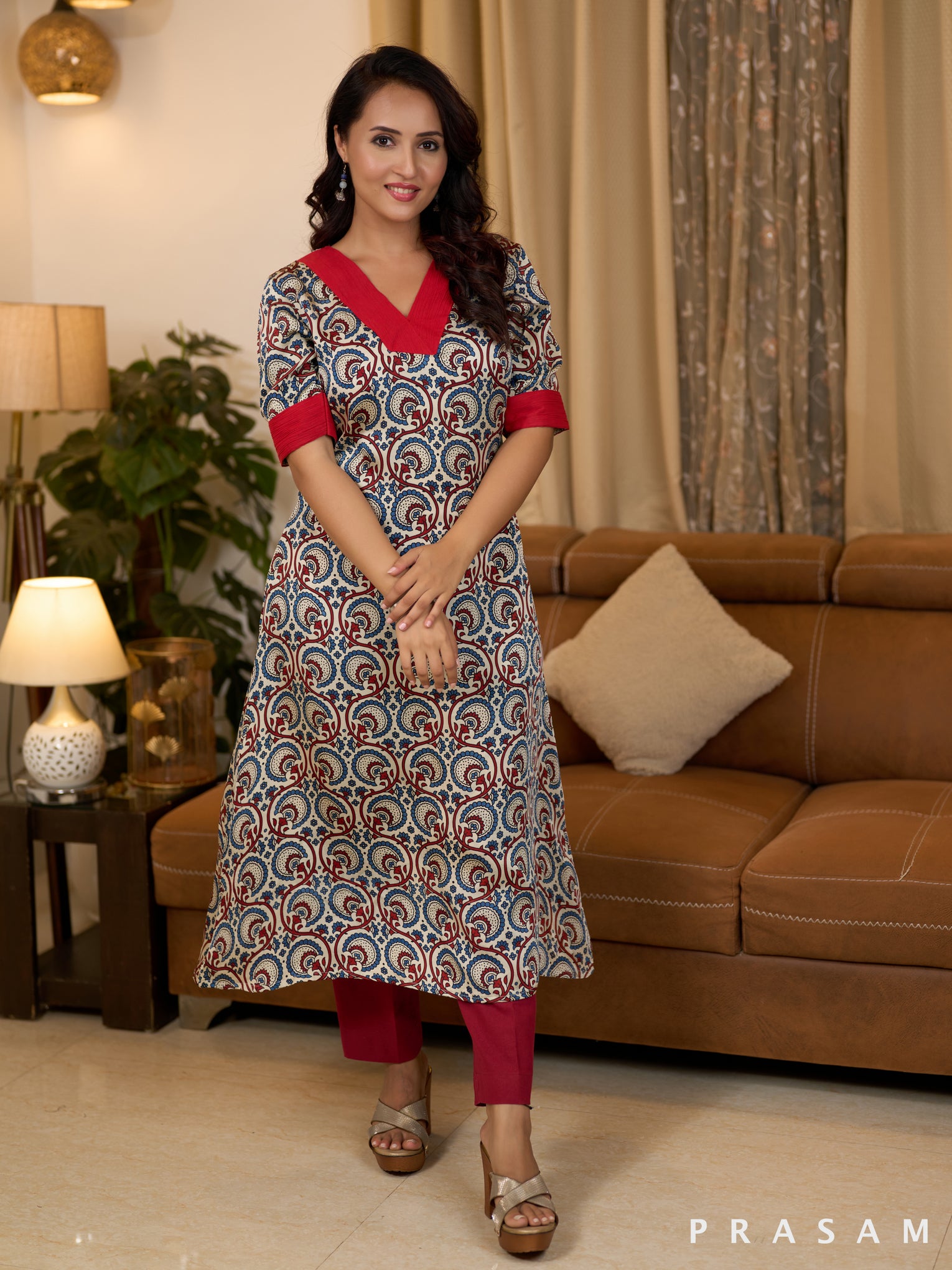 Crimson Ajrakh Modal Silk Fusion Kurti with pants set