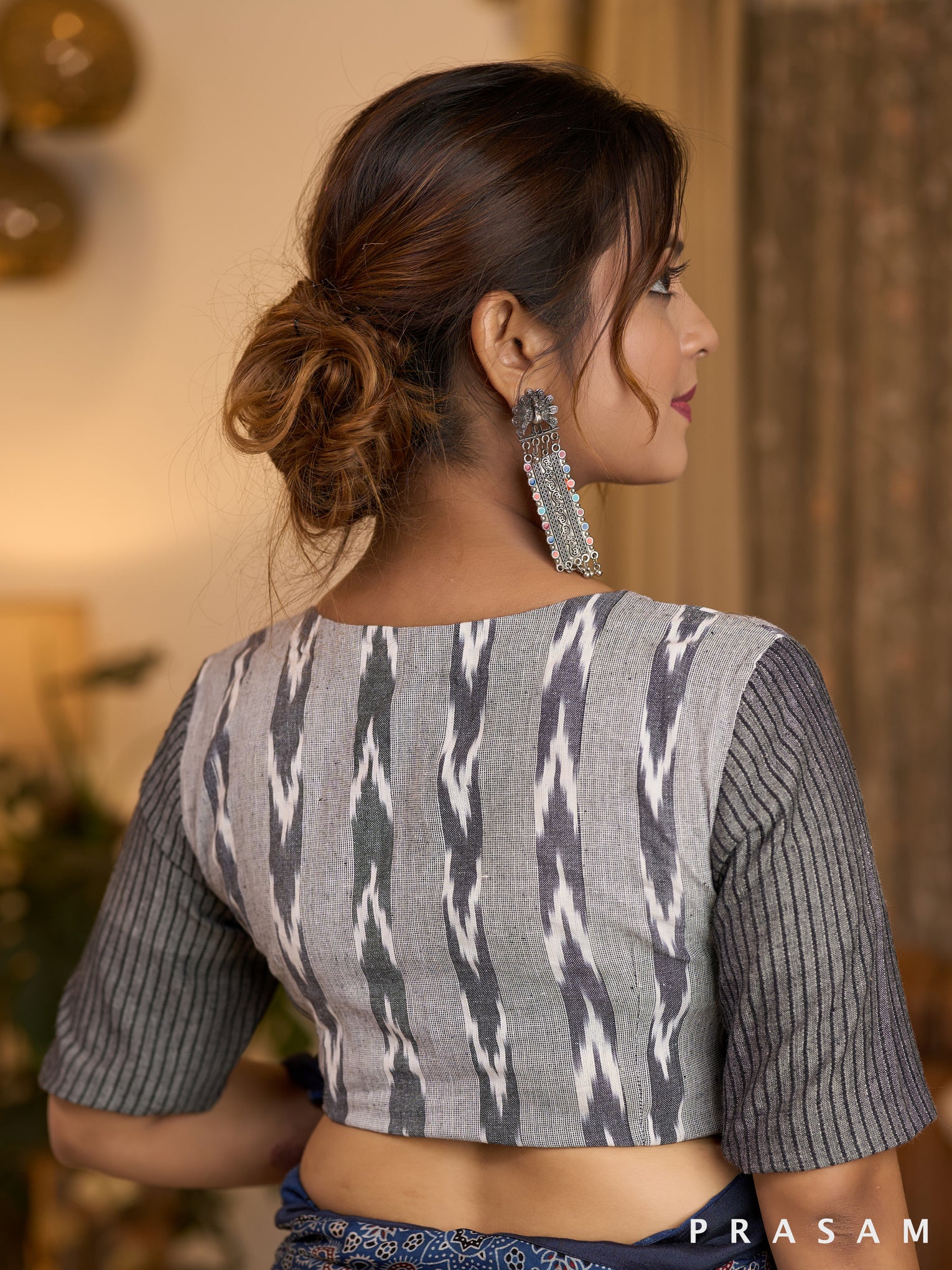 Grey Ikat with Striped Sleeves Blouse