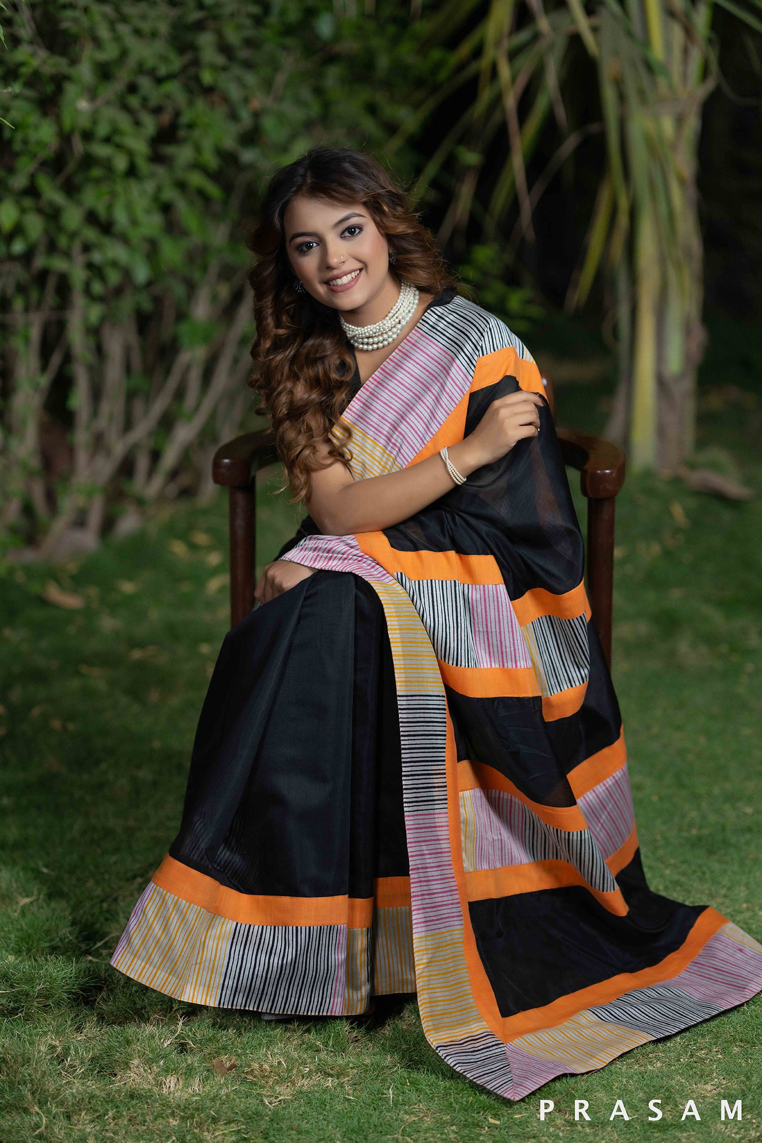 Kajal Black Chanderi with Block Print Fusion Saree