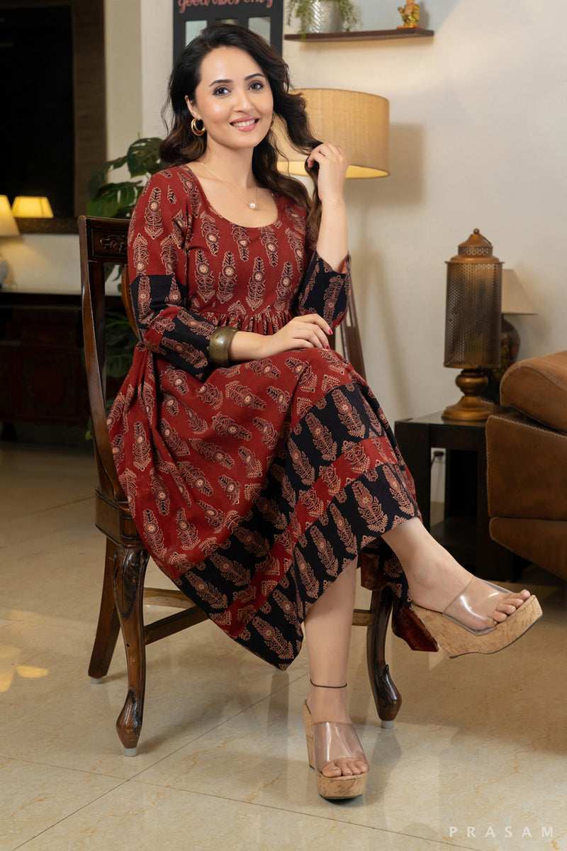 Scarlet Noir Ajrakh Cotton Printed Dress in Red and Black Combination