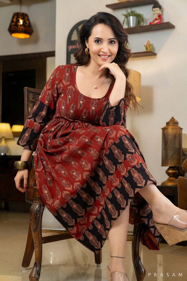 Scarlet Noir Ajrakh Cotton Printed Dress in Red and Black Combination