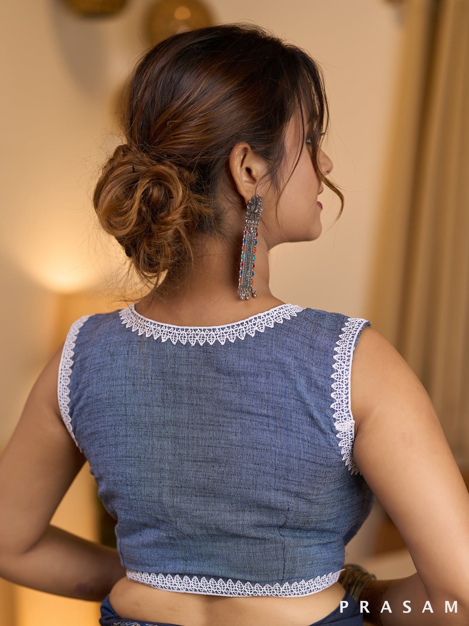 Denim with White Lace Sleeveless Blouse