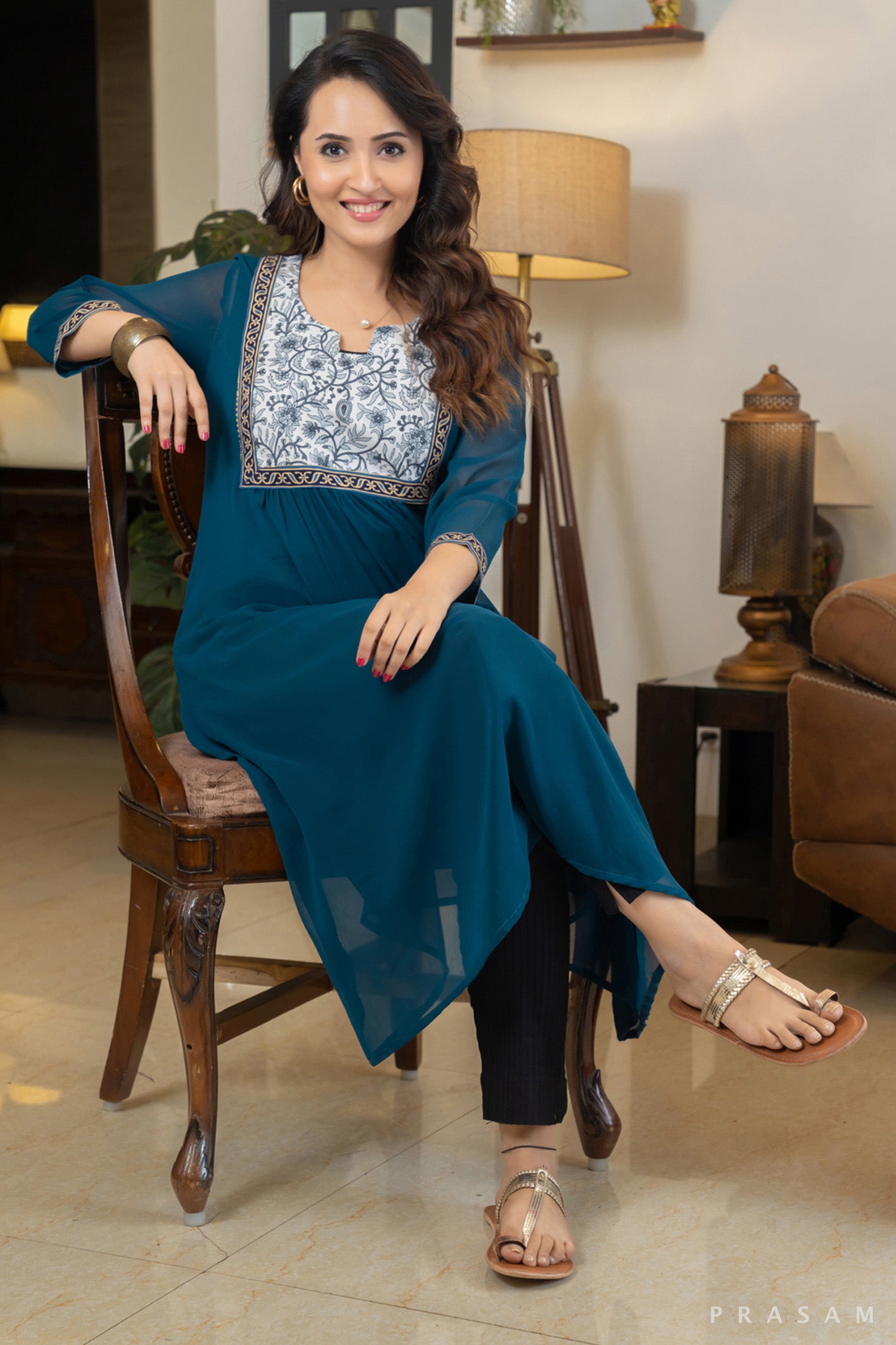 Oceanic Bloom Teal Georgette Kurti with Cotton Printed Yoke