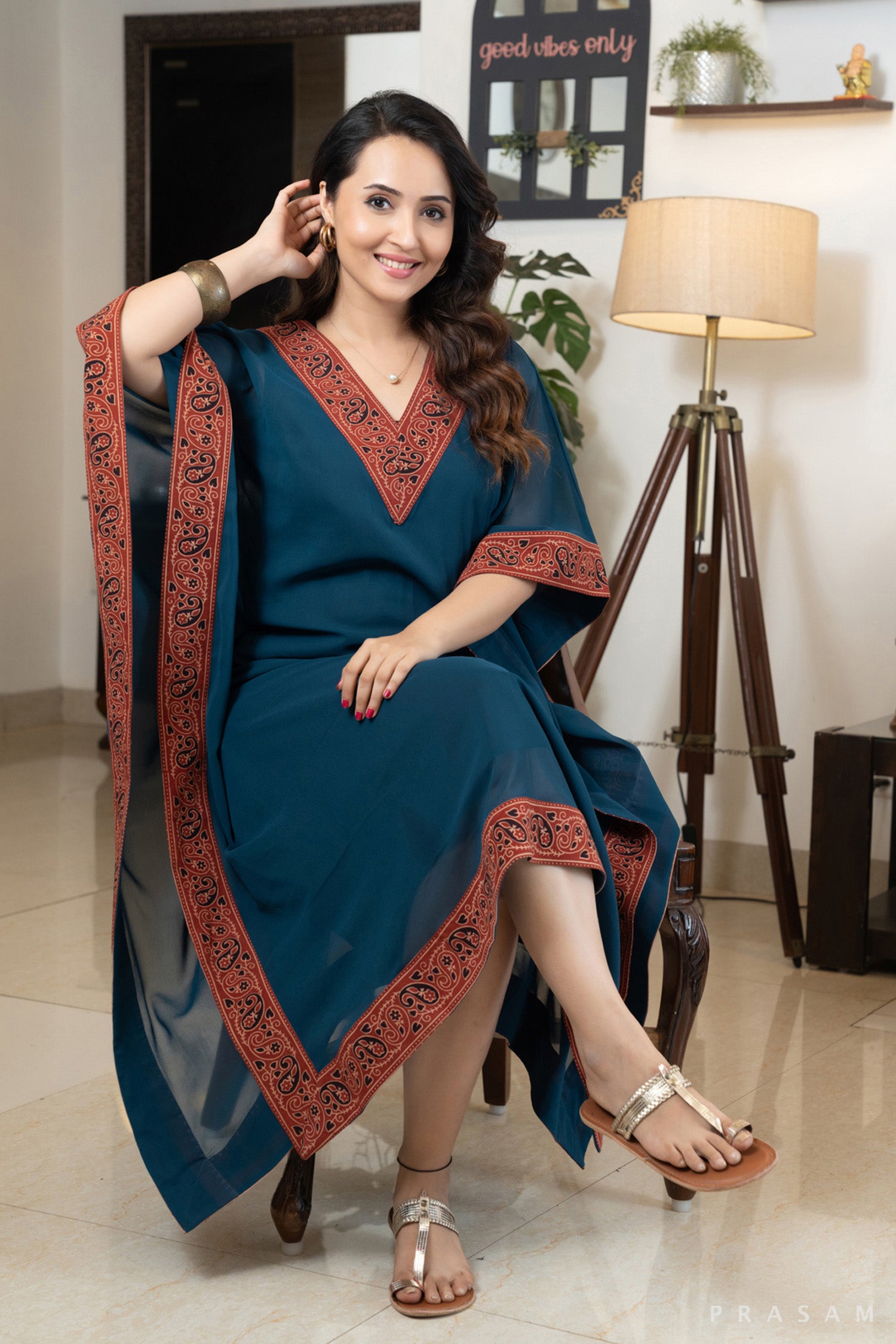 Teal Tempest Georgette Kaftan with Ajrakh Trims