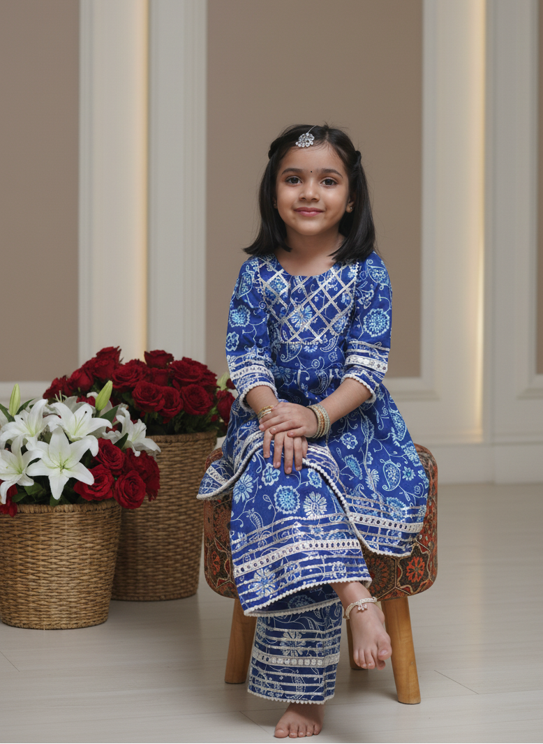 Let her shine in our handcrafted Jaipuri block print kurta & trouser set with delicate gota detailing. ✨
Made from pure cotton, it’s soft, breathable, and festive — designed for joyful celebrations with all-day comfort and charm.