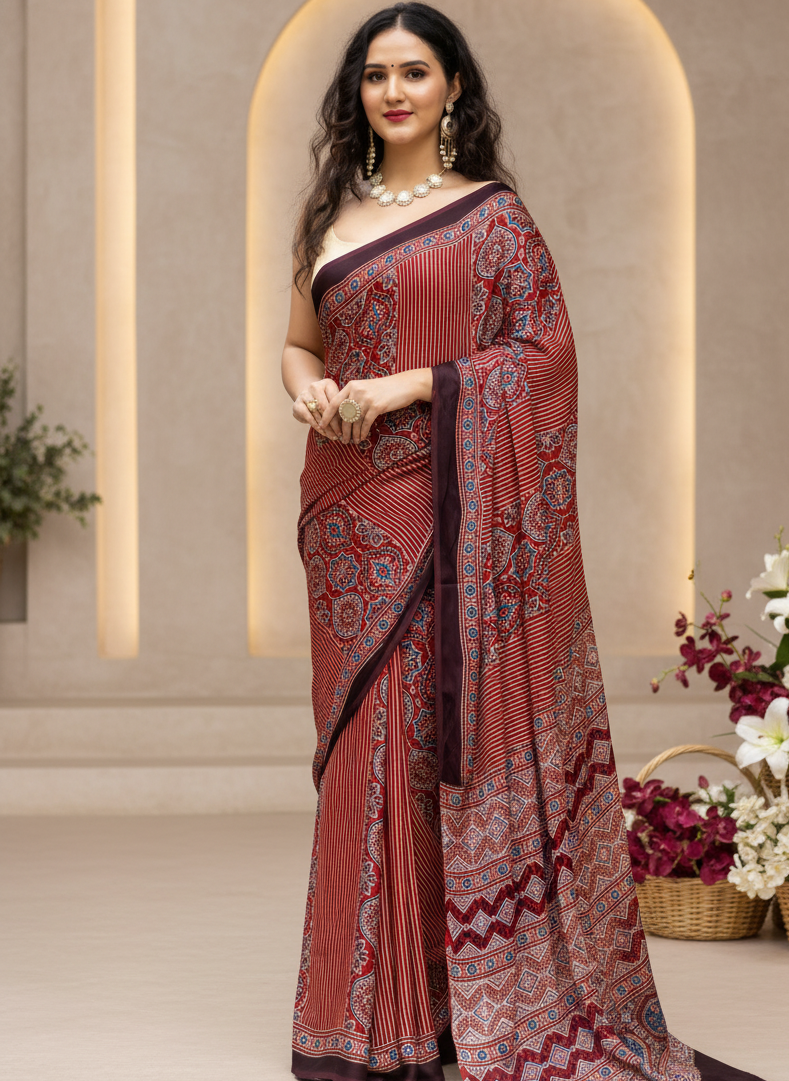 Lineal Beat-Ajrakh Modal Silk Saree