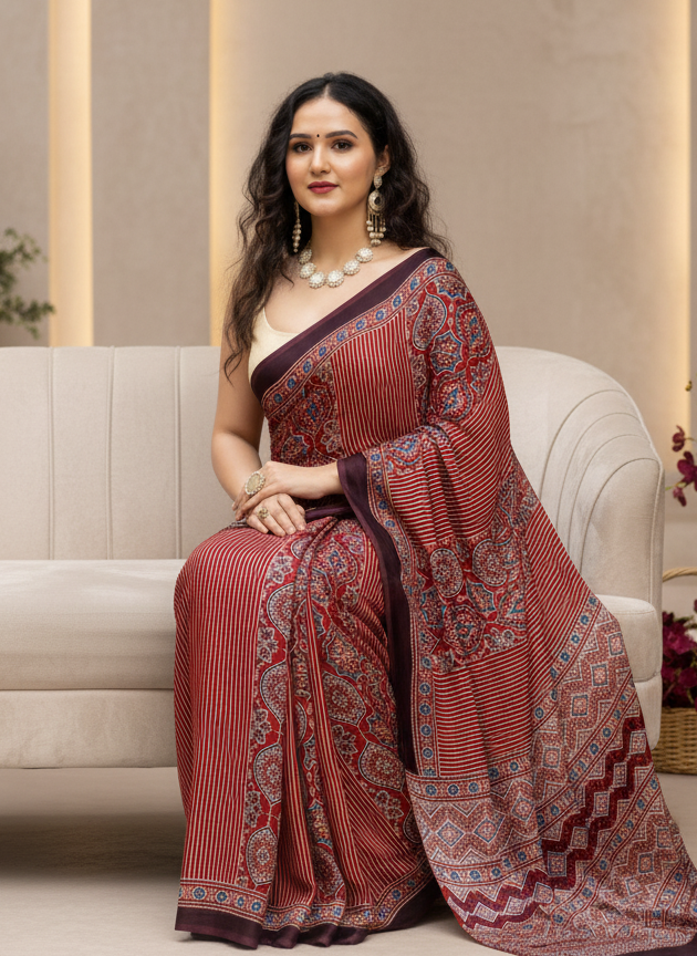 Lineal Beat-Ajrakh Modal Silk Saree